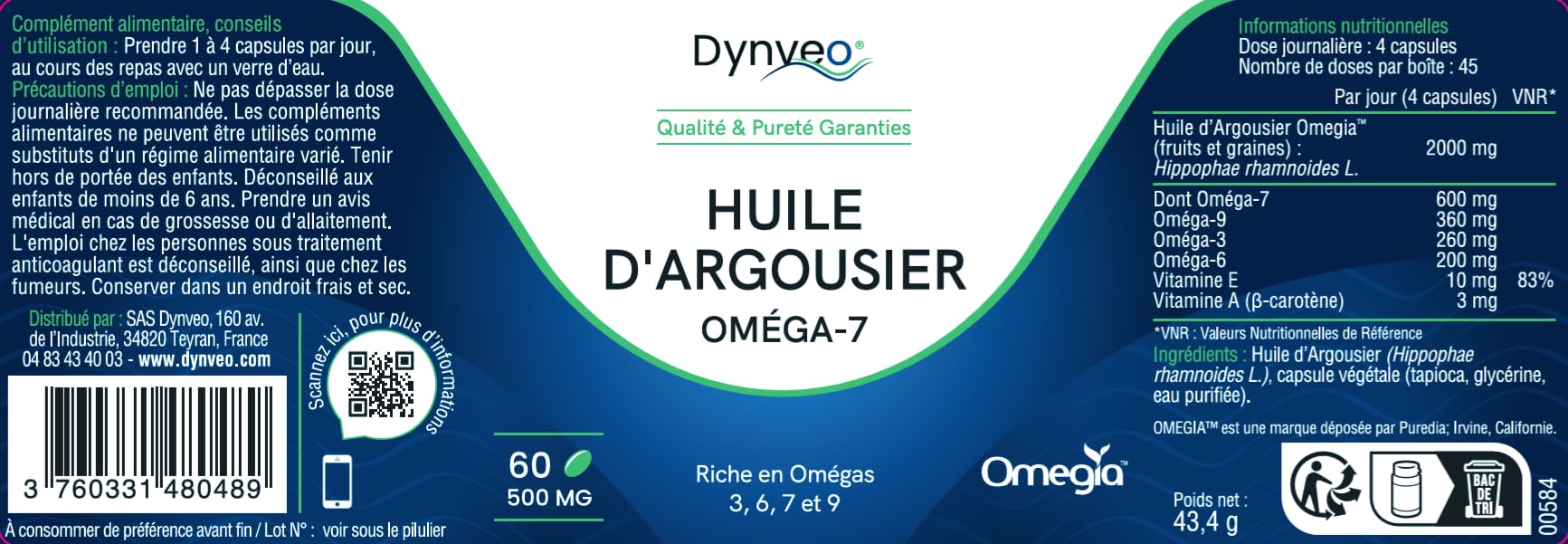 Omega-7 Olio di olivello spinoso biologico - Titolazione 30% - Mucose, Pelle e difese naturali - 500 mg/60 capsule - Estrazione di CO2 supercritica - Origine Tibet - Programma da 15 giorni a 2 mesi