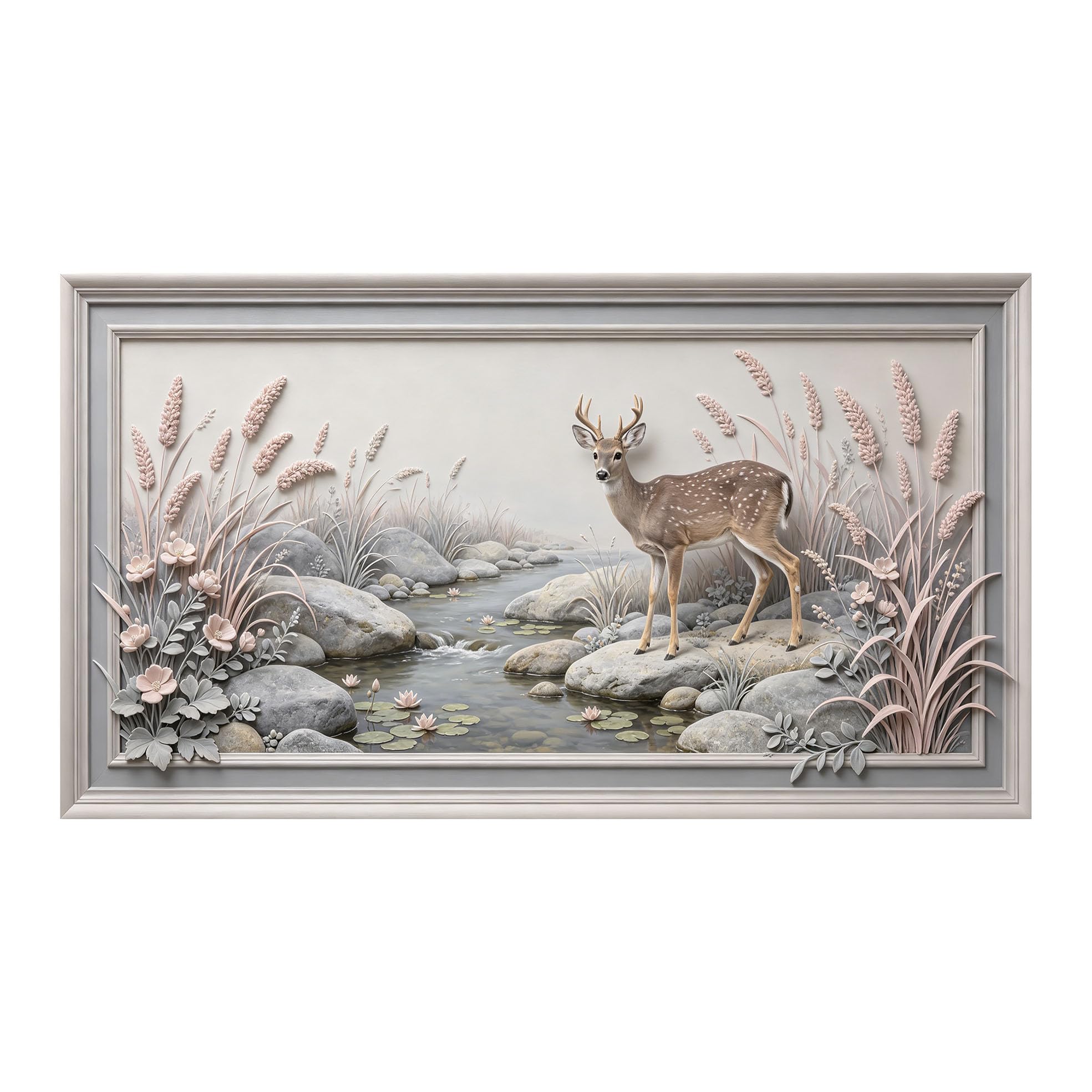 Murasolite 3D 3D Framed Wall Art 50cm×90cm Deer by Stream Pastoral Landscape Relief Effect SelfAdhesive Fabric Mural Wall Decor, Peel and Stick No Damage to Wall for Bedroom Living Room