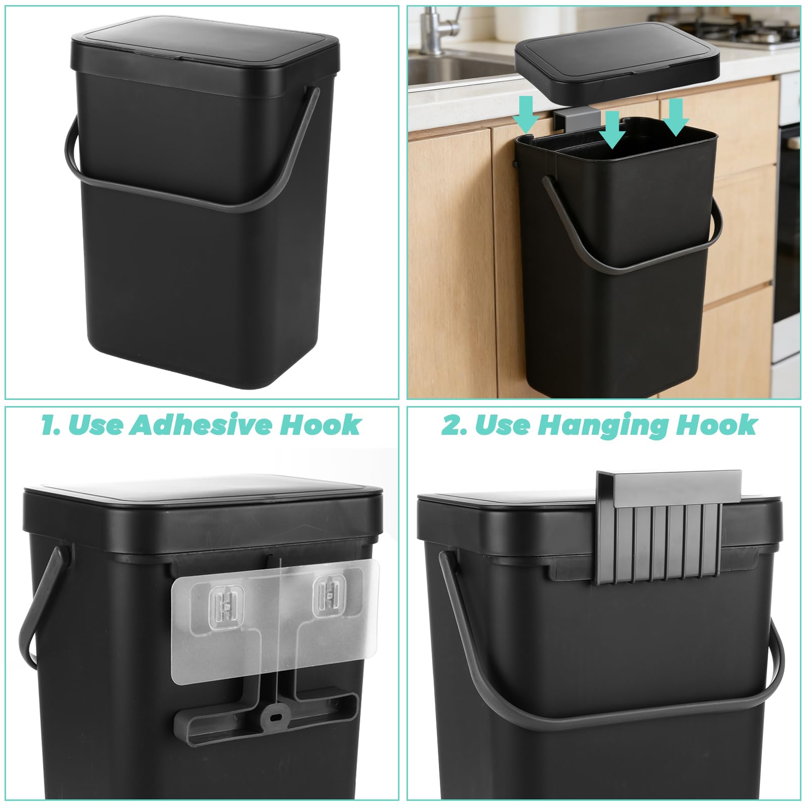 WOPPLXY Bote de basura colgante con tapa, cubo de basura colgante de cocina de 3.2 galones con tapa, cubo de basura montado en la pared para gabinete, debajo del fregadero, baño, dormitorio, oficina