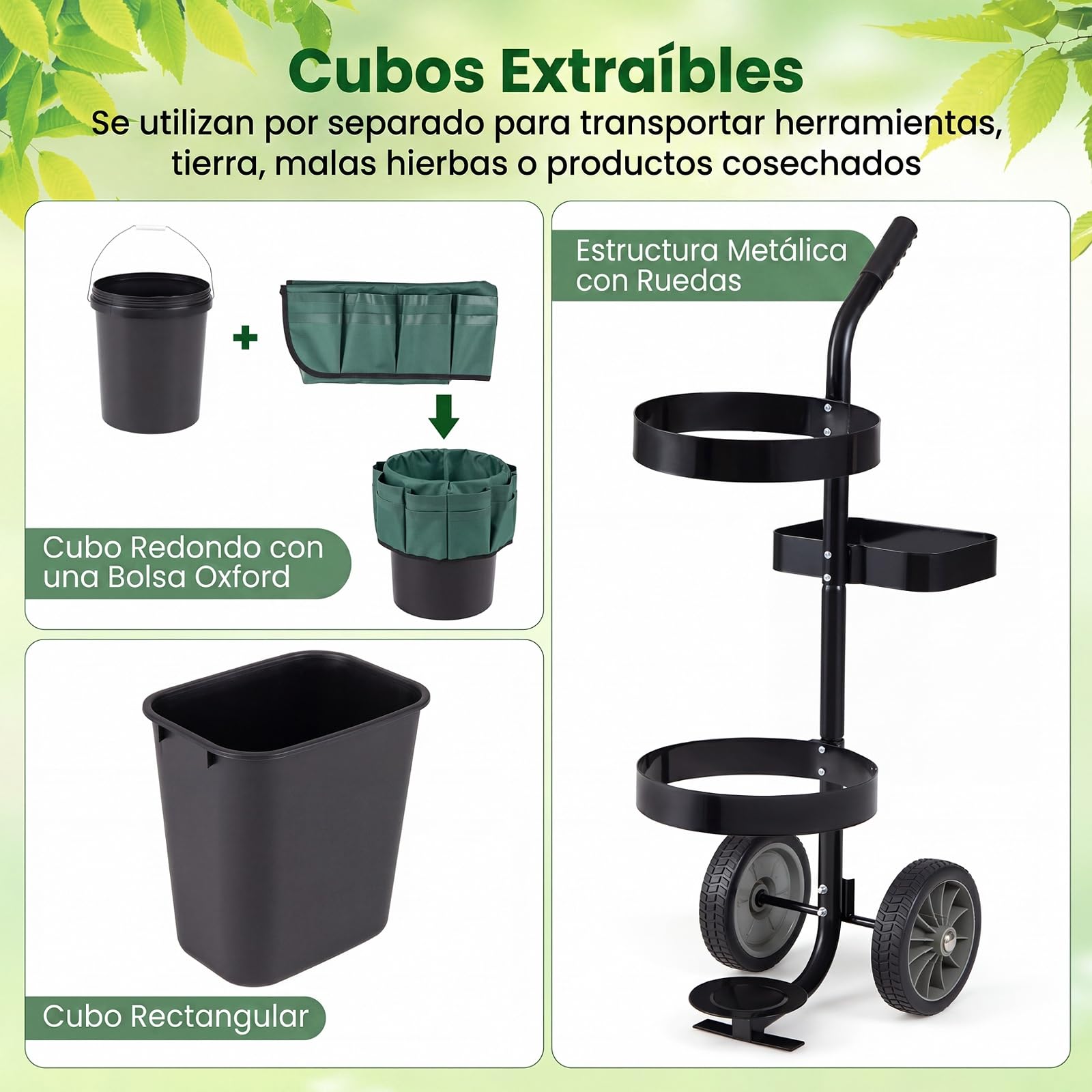 COSTWAY Carro de Jardín para Herramientas, Carrito de Transporte de Jardinería con 2 Cubos Desmontables, Bolsas de Tela Oxford, Estructura de Metal, Carretilla de Utensilios para Exterior