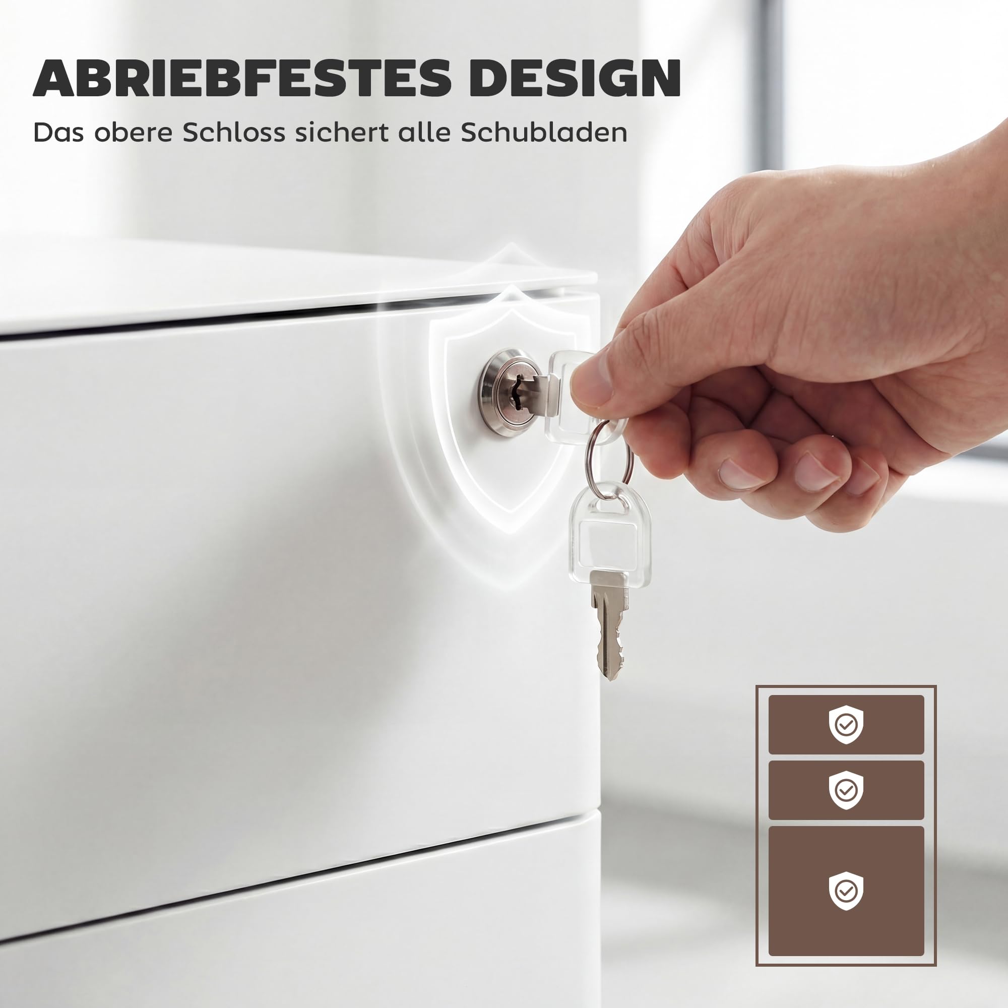 Vinsetto Rollcontainer mit 3 Schubladen abschließbar 39 x 48 x 59 cm Weiß | Mobiler Aktenschrank mit Rollen, Büroschrank mit Hängeregistratur, Stiftfach, Bürocontainer für Büro, Homeoffice