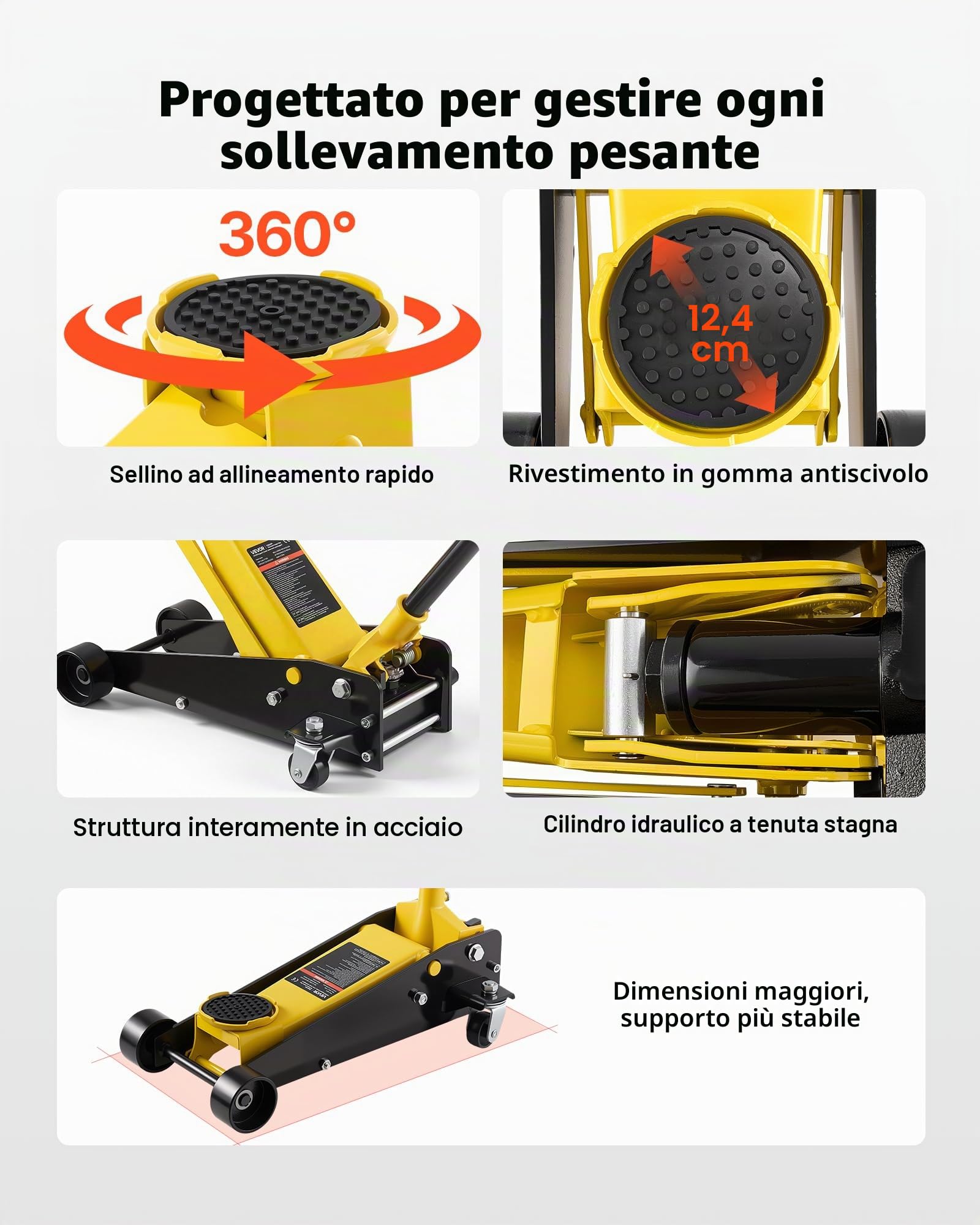 VEVOR Cric Idraulico a Carrello 3 Tonnellate a Basso Profilo, Cric Idraulico da Pavimento da Corsa in Acciaio a Pistone Singolo, Altezza di Sollevamento 130-500 mm, Multiuso per Auto Sportivo e SUV