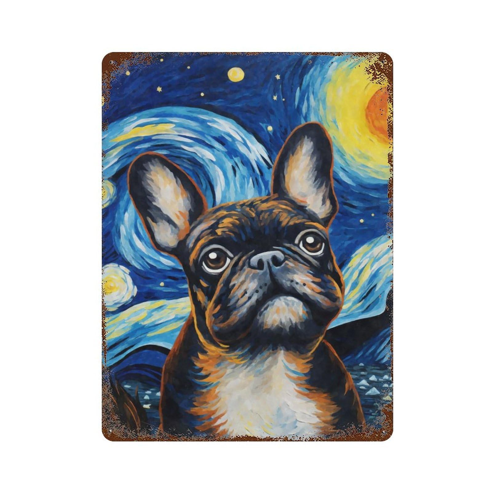 Rust Effect French Bulldog Night Rusty Metal Tin Sign 15.7"x11.8", Old School Wall Decor for Basement, Hobby Room And Garage Decor