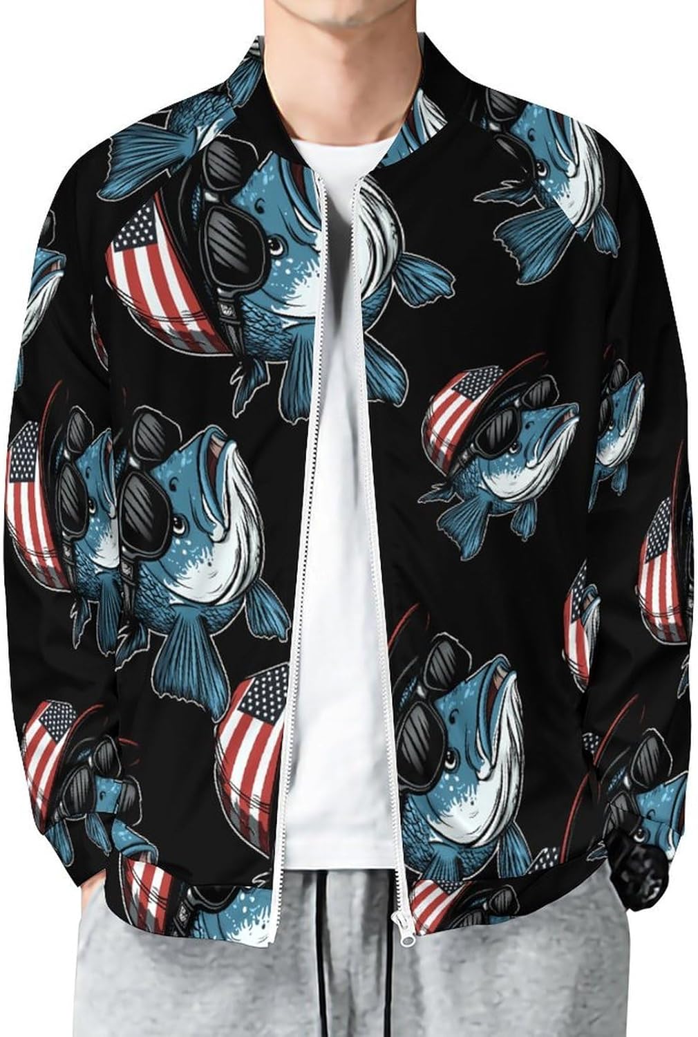Bass Fish USA Flag Men's Zip Up Sweatshirt Casual Sweater Jackets Long Sleeve Tops Lightweight Coat
