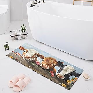 Cute Cow Fence Board Bathroom Runner Rug, 39" x 20" Soft and Absorbent Non Slip Bath Mat, Washable Plush Mats for Bathroom Shower Kitchen