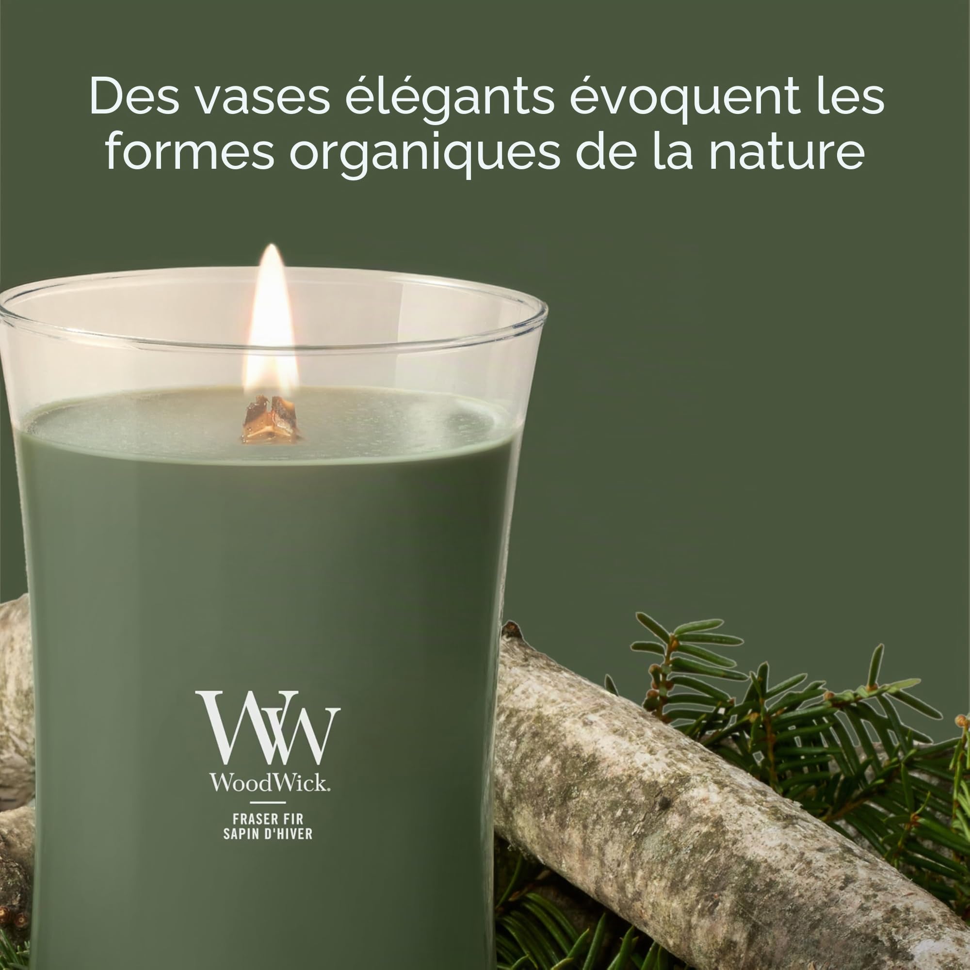 WoodWick grande bougie parfumée sablier avec mèche crépitante | Sapin de fraser | Jusqu'à 130 heures de combustion