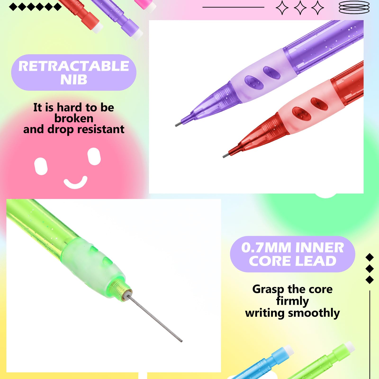 Fuyoooo 100 mini lápices mecánicos automáticos con gomas de borrar de 0,7 mm, pequeño portaminas para escribir, dibujar, bocetos, hogar, oficina, suministros escolares