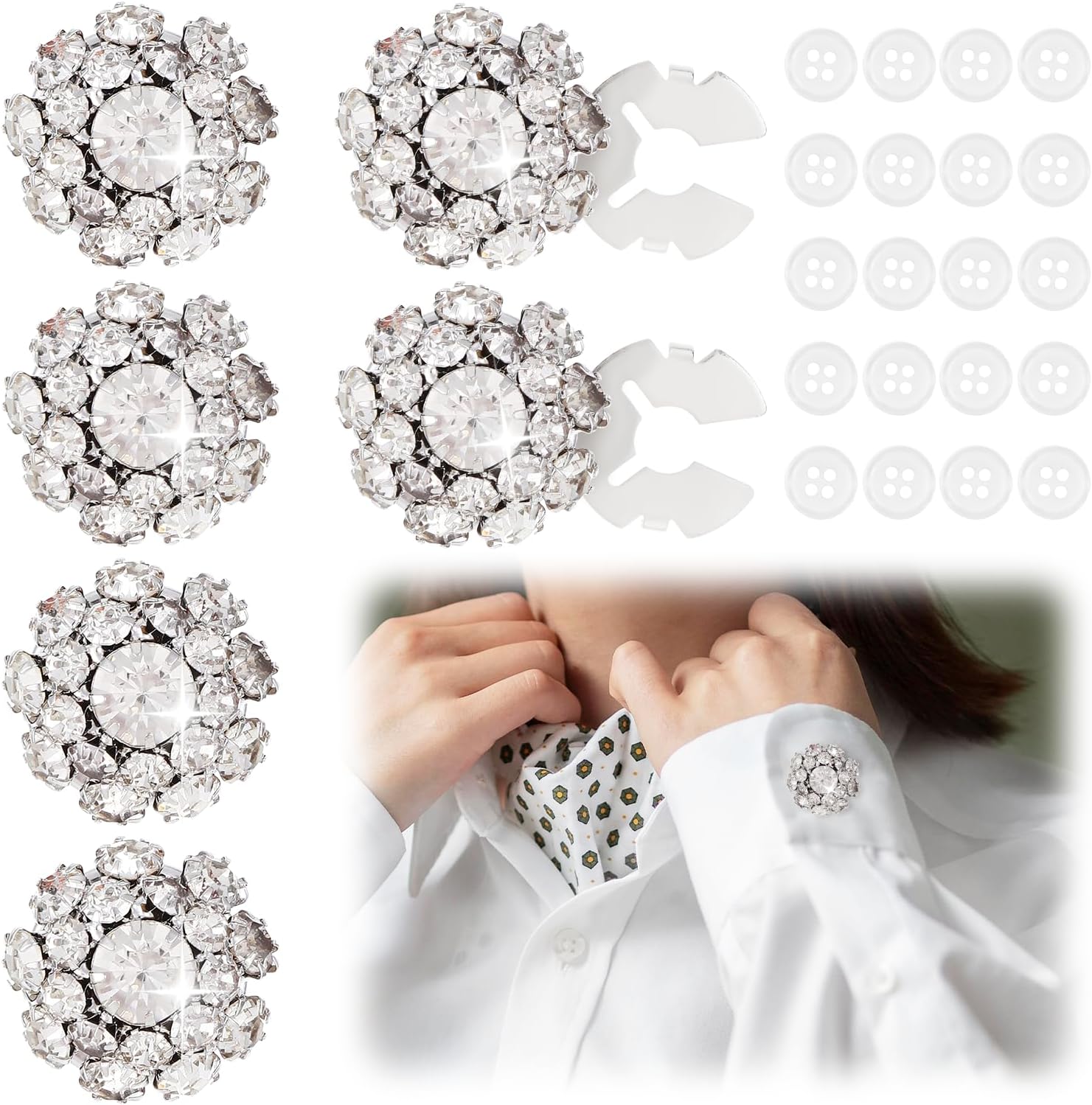 6 Pcs Silver Button Covers for Women Blouses, Decorative Rhinestone Button Covers for Jeans with 20 White Buttons, Detachable Flower Snap On Buttons for Clothing Shirt Clip Sewing Supplies Crafts