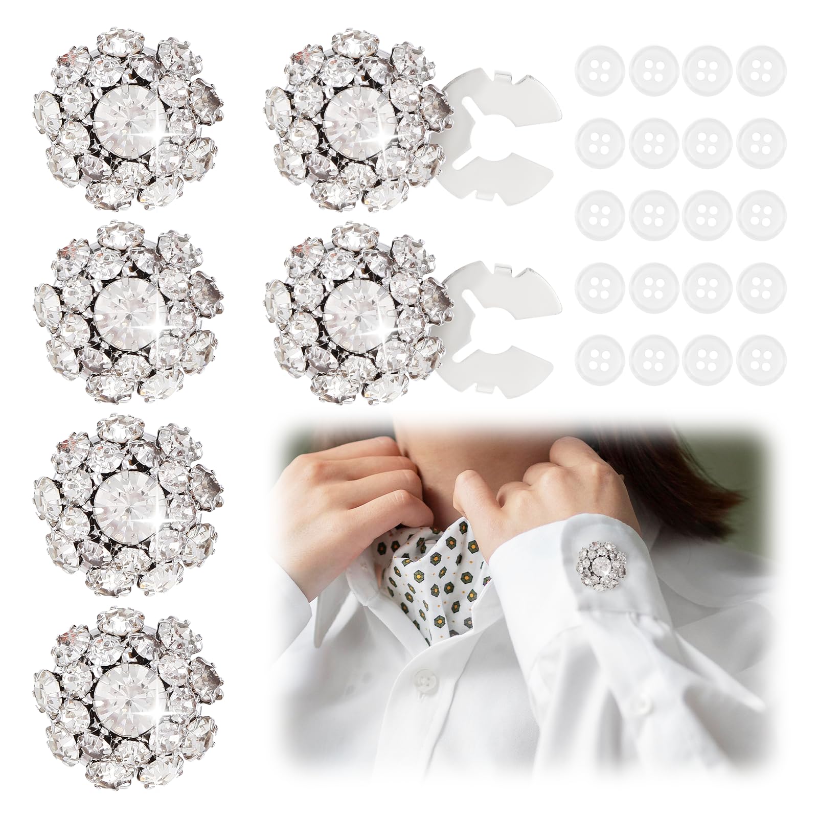 6 Pcs Silver Button Covers for Women Blouses, Decorative Rhinestone Button Covers for Jeans with 20 White Buttons, Detachable Flower Snap On Buttons for Clothing Shirt Clip Sewing Supplies Crafts