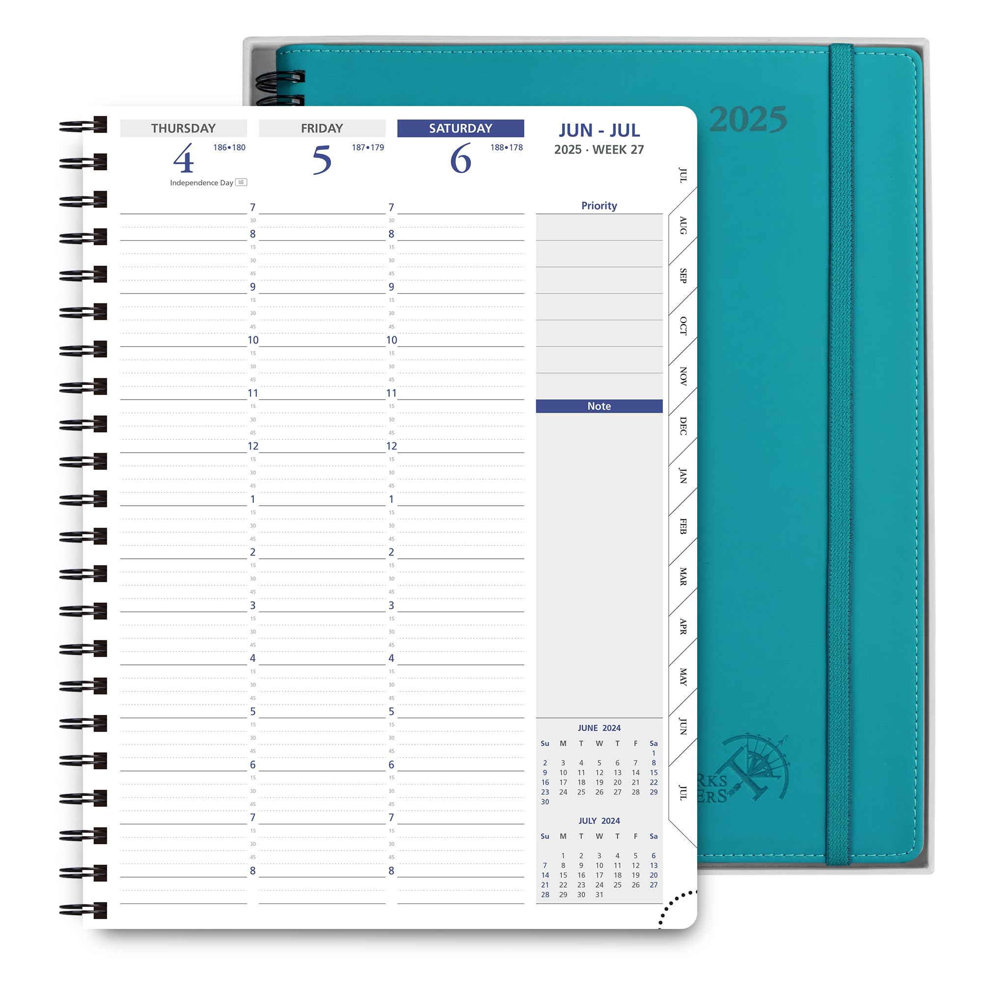 POPRUN Agenda 2025, vista semanal, tamaño A4, espiral, tapa suave, agenda de escritorio de 15 minutos, agenda semanal de 25 (inicio de domingo), empaquetado en una caja de regalo, pestañas mensuales