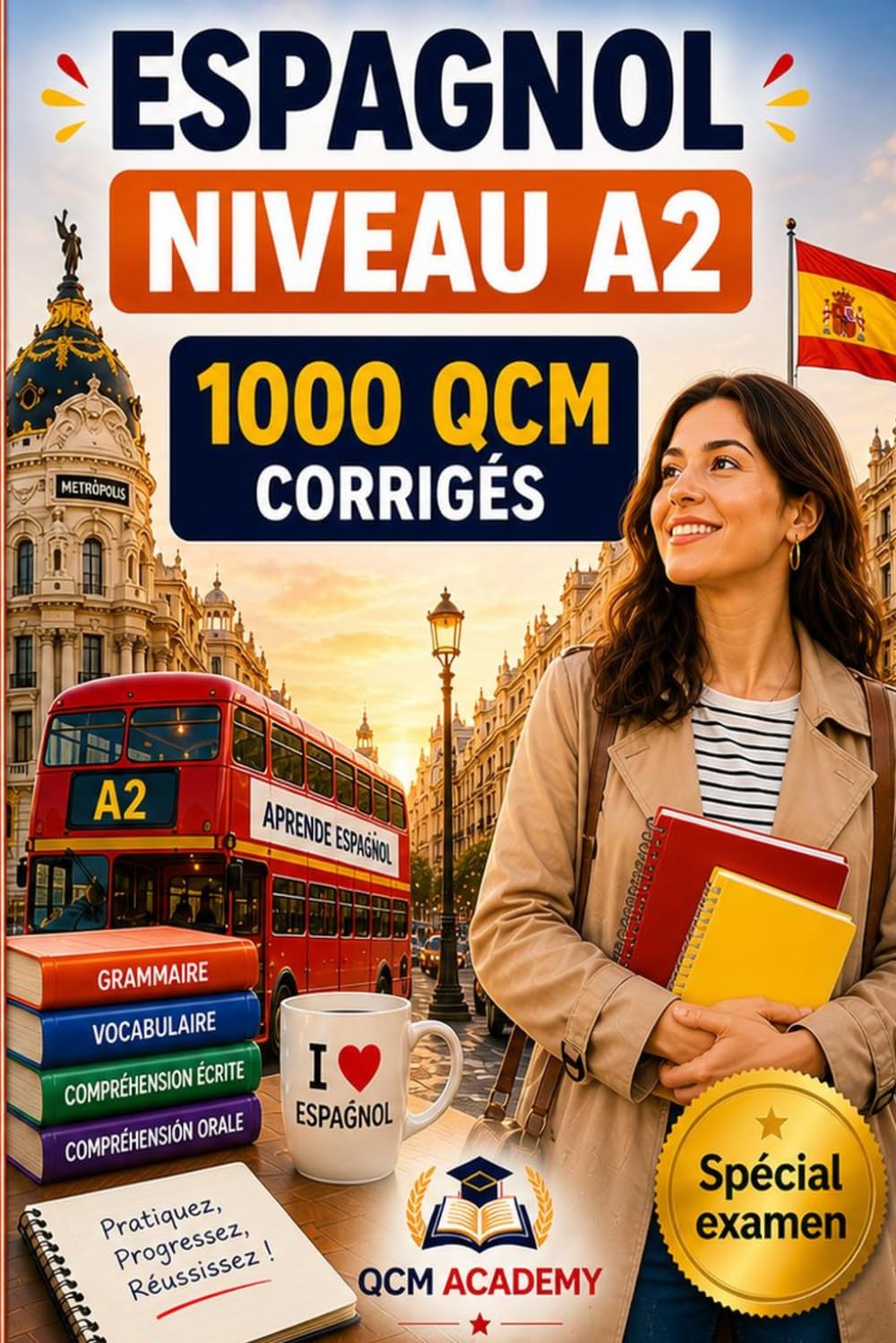 Espagnol Niveau A2: 1 000 QCM corrigés | Cahier d'entraînement pour progresser en espagnol en autonomie | Vocabulaire, grammaire, conjugaison, orthographe - CECRL