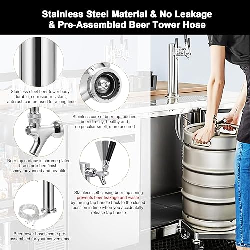 Miniatura 5 de Dbgogo Torre de cerveza de triple grifo, torre de preparación de brida de acero inoxidable de 3 pulgadas, dispensador de grifo de cierre automático,