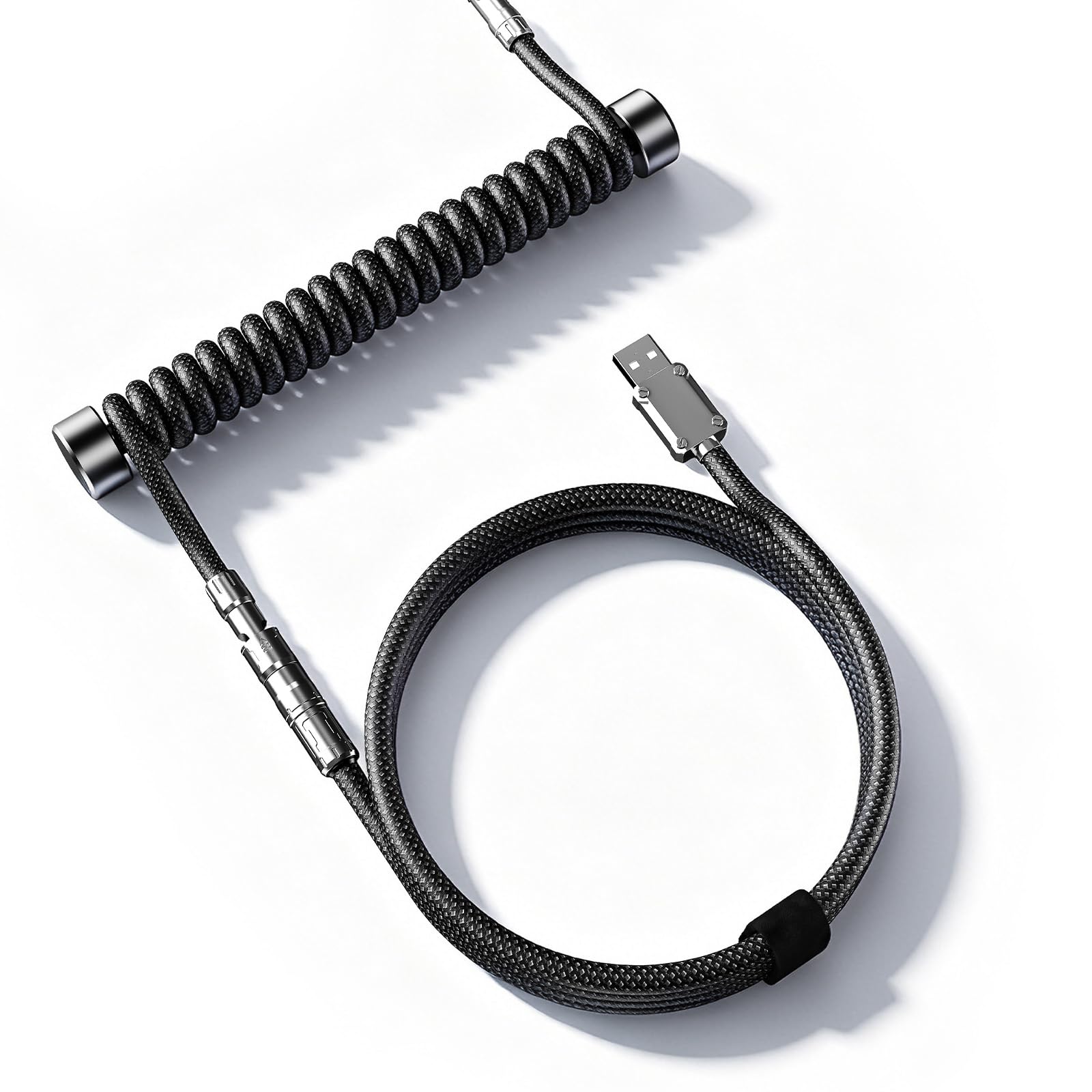 Cable de teclado en espiral mixto, USB C a A, nailon trenzado para teclado mecánico de juegos con conector de aleación de zinc, bloqueo de un solo toque y barra pesada, soporta teclado