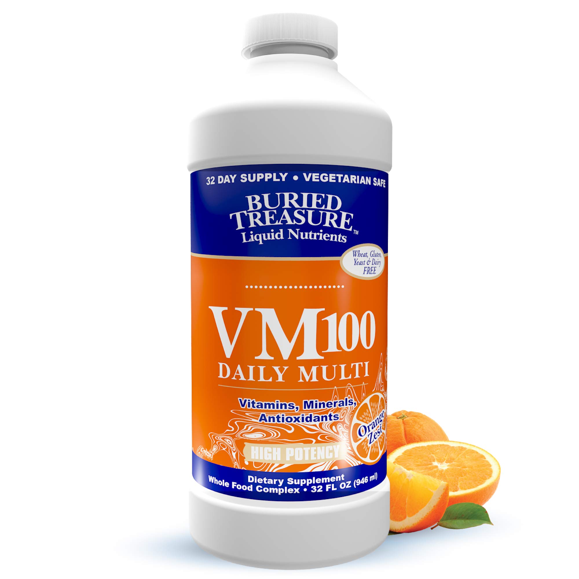 Buried TreasureVM100 Complete Daily Liquid Vitamins and Minerals plus Antioxidants Supplement for Maximum Absorption Great Tasting Orange Zest Flavor 32 Servings 32 Ounce
