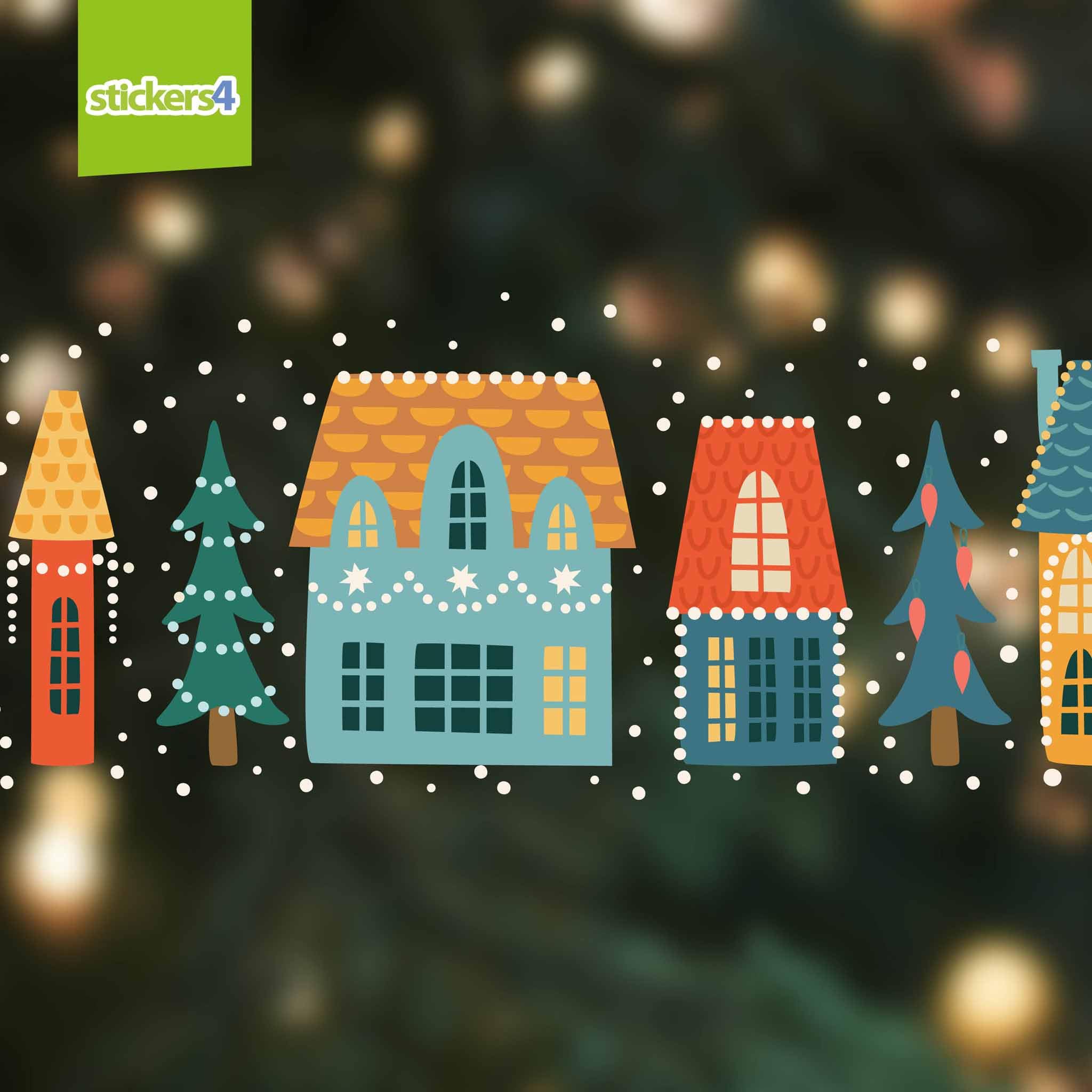 Grands autocollants de Noël réutilisables – Maisons de village scandinave Scène de rue de Noël – Décorations de Noël double face