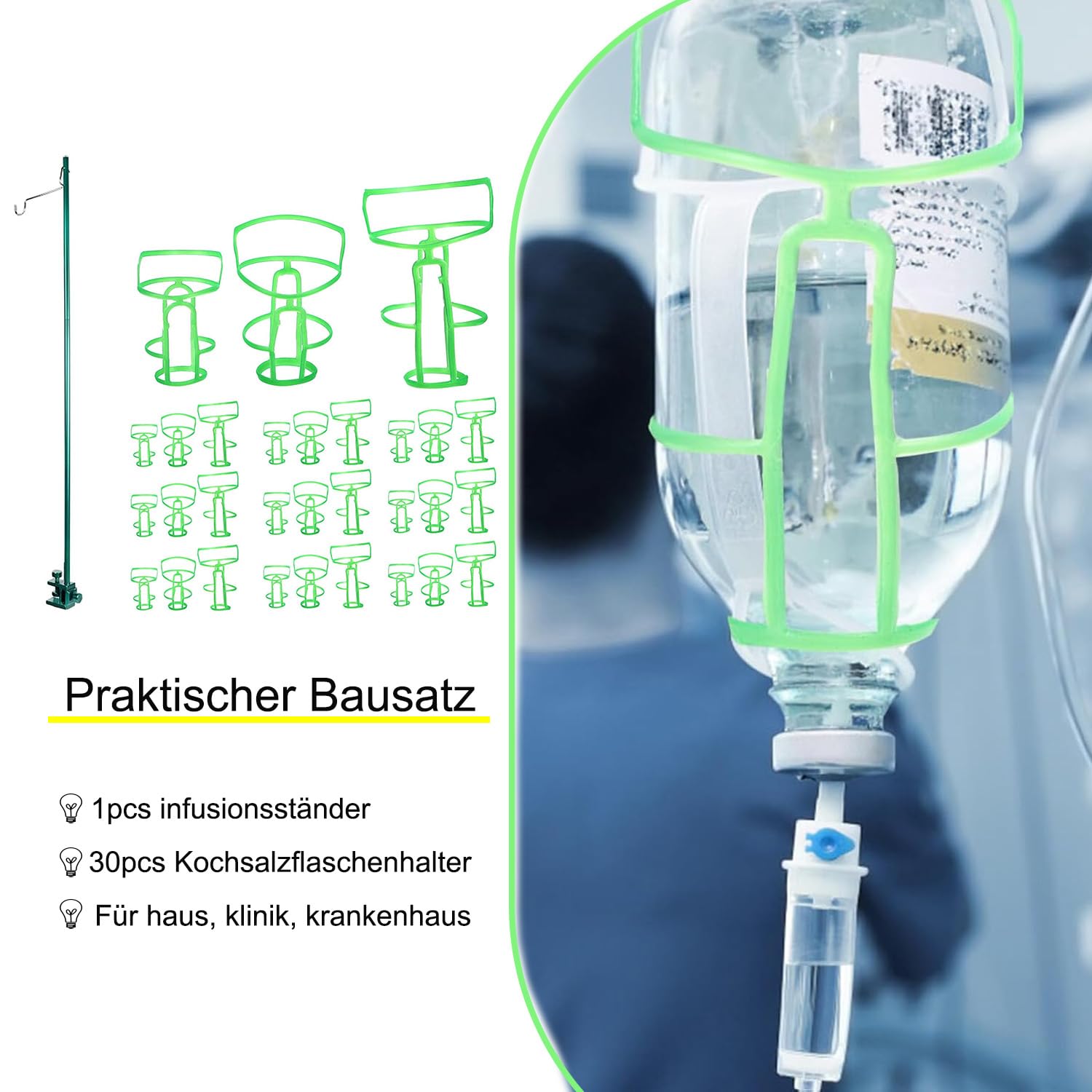 Supporto per infusione regolabile in altezza, 1 set di posate per infusione con 30 pezzi, asta pieghevole per infusione, set medico portatile, supporto per infusione per casa/ospedale