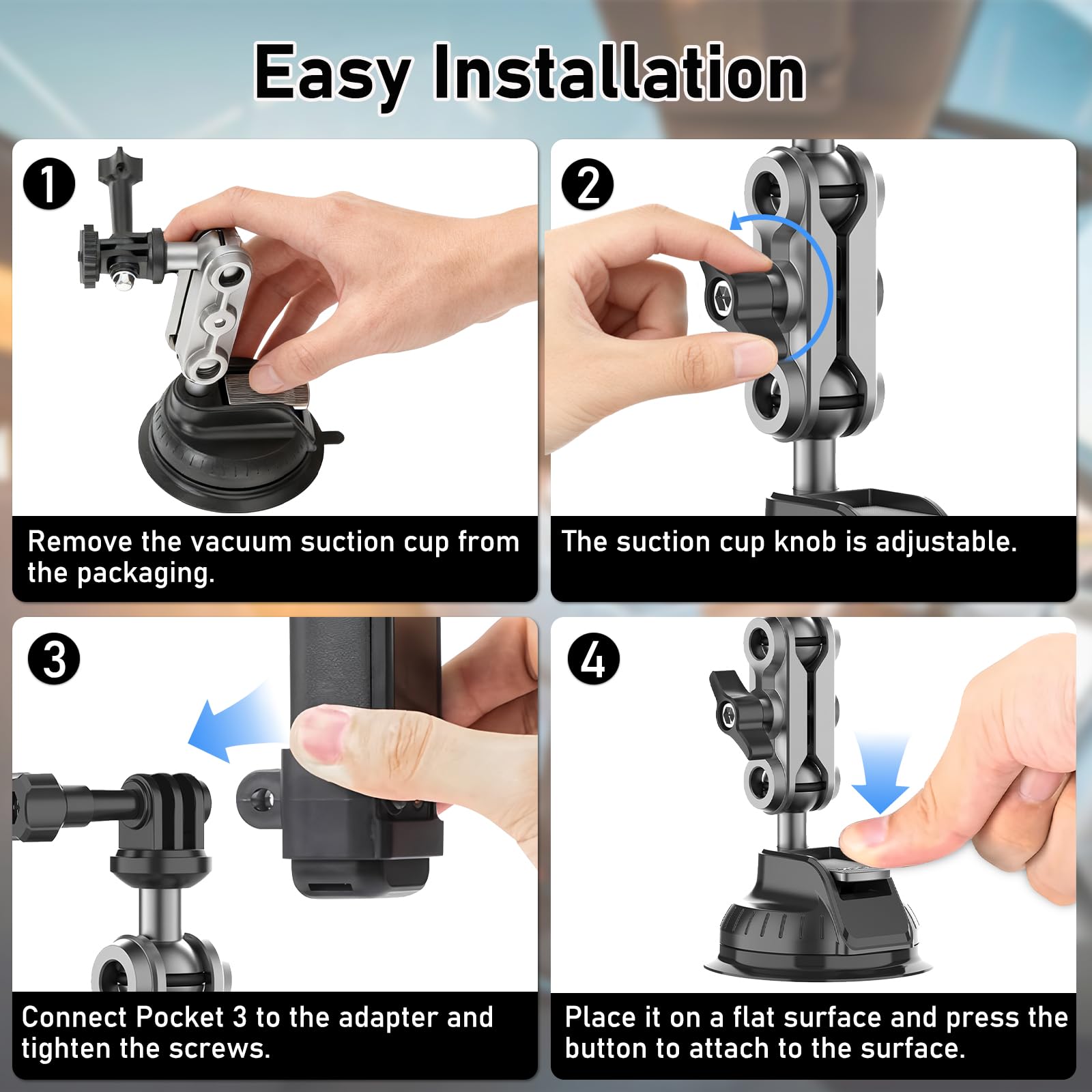 Wiseten Suction Cup Mount - Soporte de Ventosa para dji Osmo Pocket 4 3 Action 5 Pro 4 con Ventosa para Insta360 X5 X4 GoPro Hero 13 12, Montaje en Parabrisas o Ventana del Coche