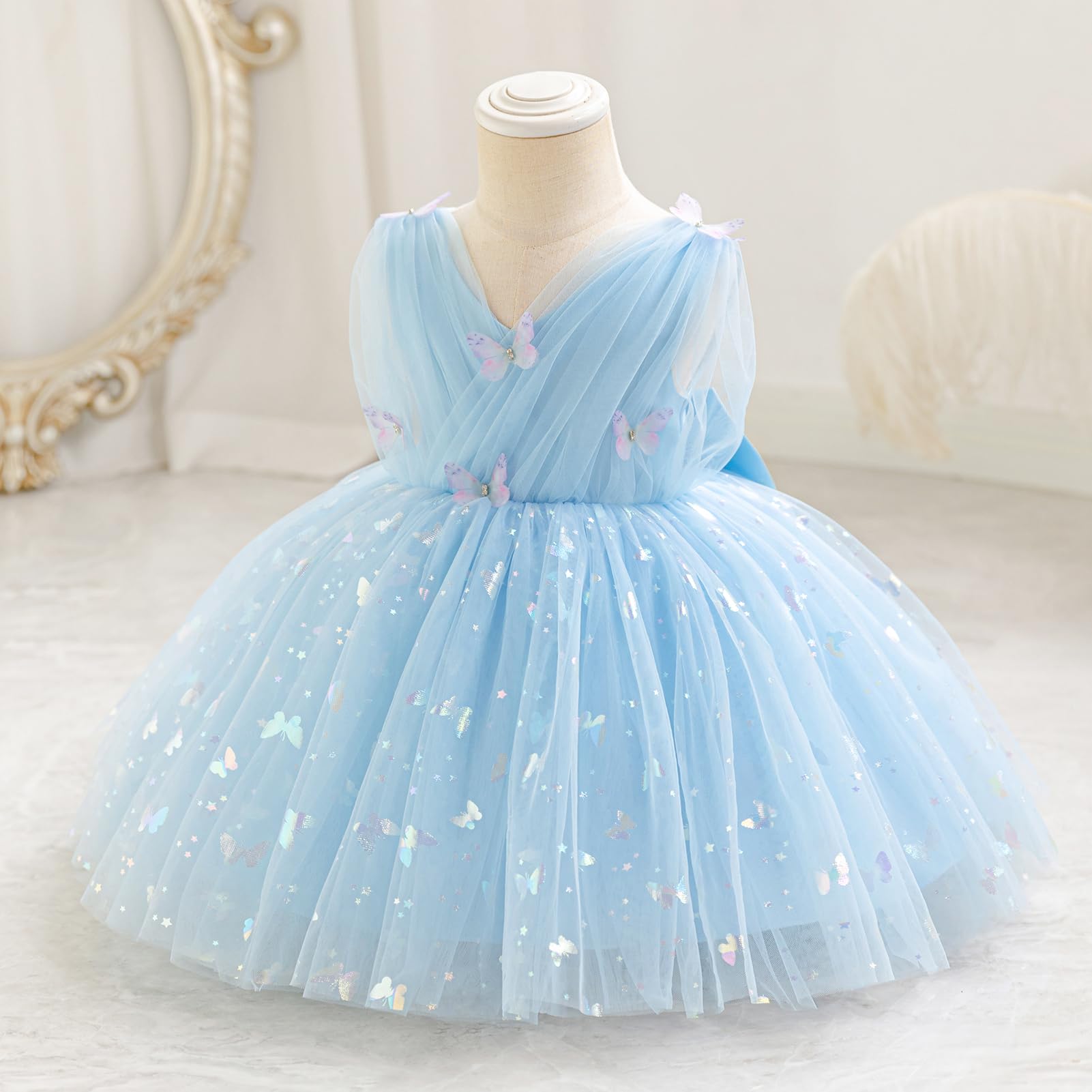 IDOPIP Bambino Ragazza senza Maniche V - Collo Tulle Tutu Abito Principessa Fiore Ragazza Abito Bow Elegante Compleanno Festeggiamento Formale Partito Prom Dress