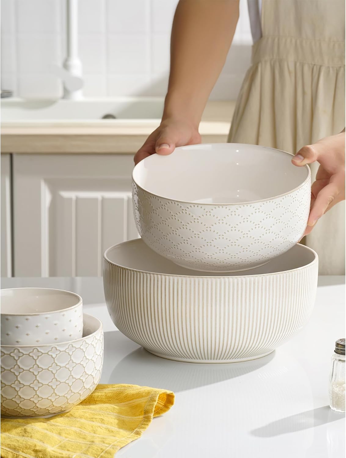 Mikiegy Ceramic Mixing Bowls Set of 4, Nesting Ceramic Embossment Stoneware Mixing Bowls for Cooking, Serving, Popcorn, Salad etc, Microwave & Dishwasher Safe, 20/44/98/145 oz, Off-White - Image 8
