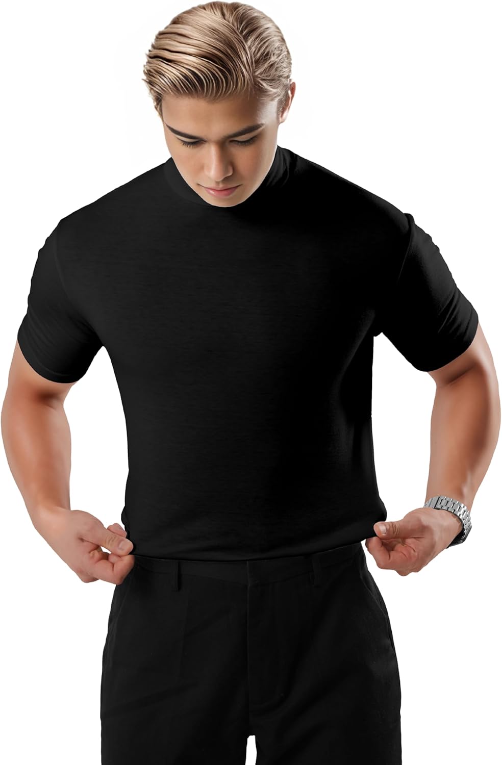 Ohoo Mens Short Sleeve Mock Turtleneck Basic Tops Lightweight Slim Fit Pullover Sweater - Image 5