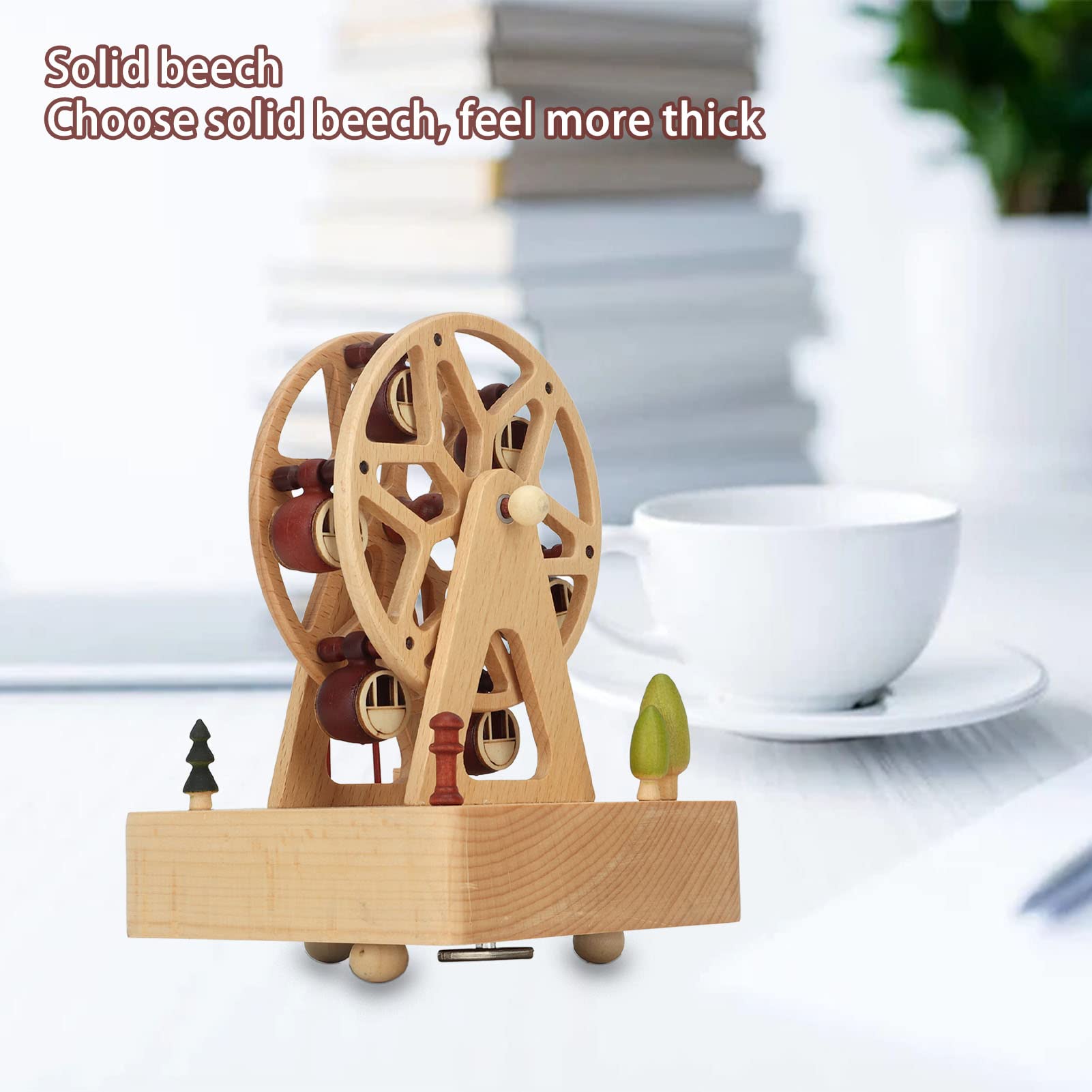 Holz-Spieluhr, Riesenrad-Modell-Spieluhr, Mini-Spieluhr aus Buchenholz, für Weihnachten, Geburtstag, Valentinstag (Quadratischer Boden)