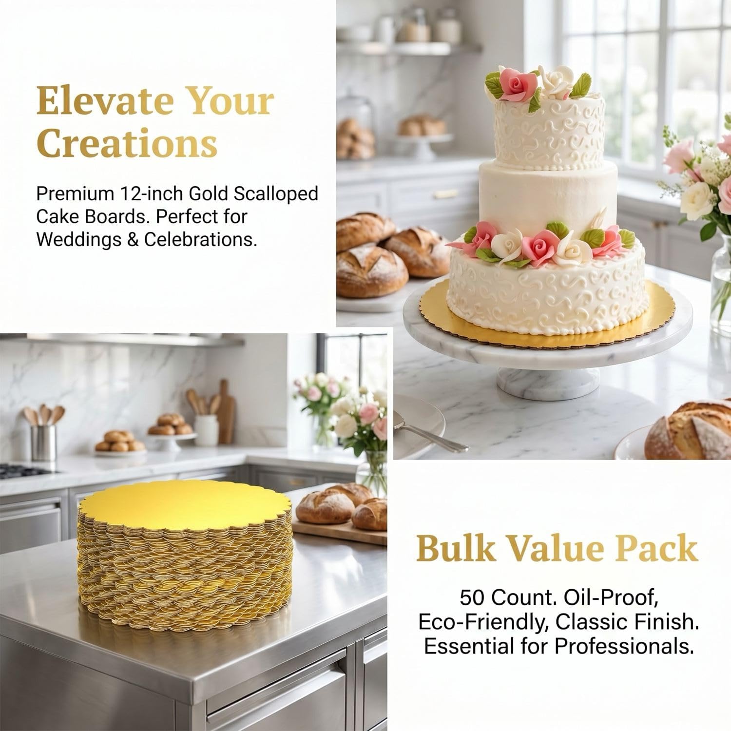 Gold Cake Boards Round Disposable Valentine's Day Cakes 50 Pack 12 Inch Gold Round Cake Boards Scalloped Edge Grease Resistant Coated Cardboard Disposable Base for Wedding Birthday Valentines