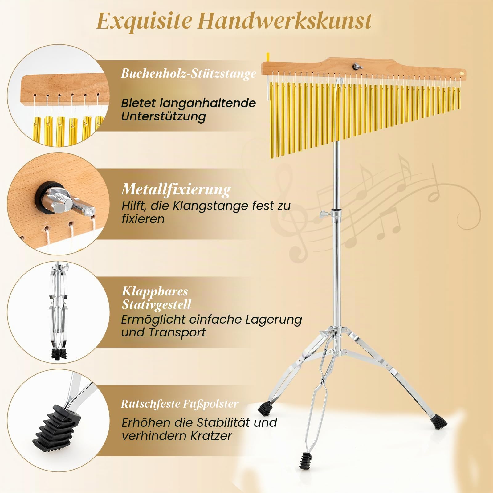 KOMFOTTEU 36 Töne Chime, Glockenspieler klappbarer mit verstellbarer Ständer & Tragetasche, Percussion Chimes mit Stab, Schlaginstrument Klangspiele für Anfänger