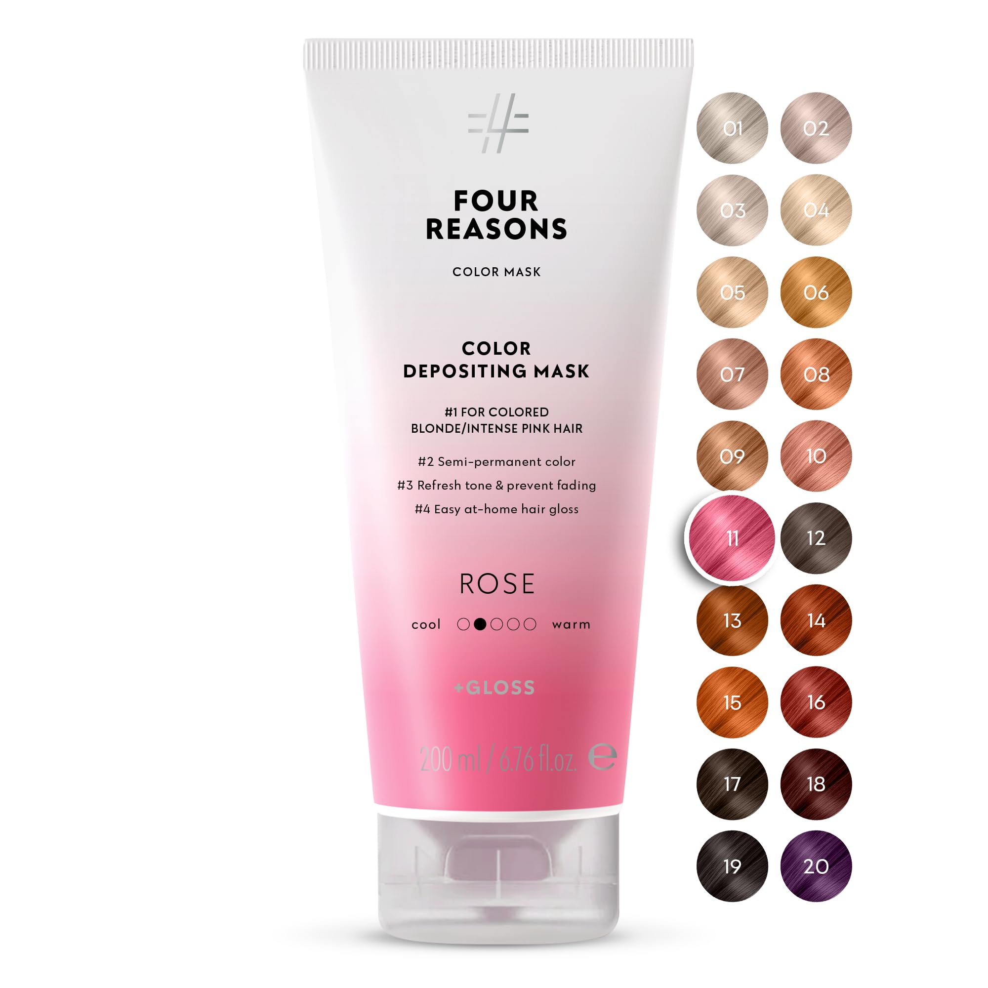 Four Reasons Color Mask - Rose Pink - (27 Colors) Toning Treatment, Color Depositing Conditioner, Tone & Enhance Color-Treated Hair - Semi Permanent Hair Dye, Vegan and Cruelty-Free, 6.76 fl oz