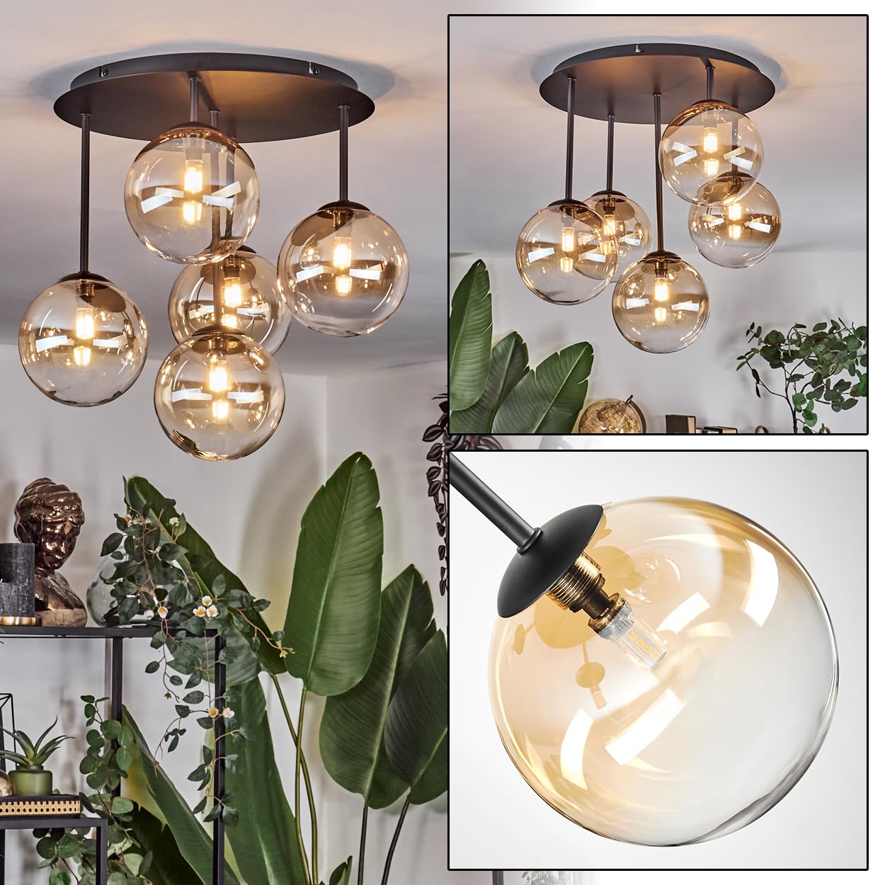 Plafoniera HOFSTEIN Chehalis, plafoniera a 5 luci in metallo/vetro nero/ambra/trasparente, lampada dal design retrò/vintage (paralumi Ø 15 cm), G9, sala da pranzo, soggiorno, camera da letto, cucina