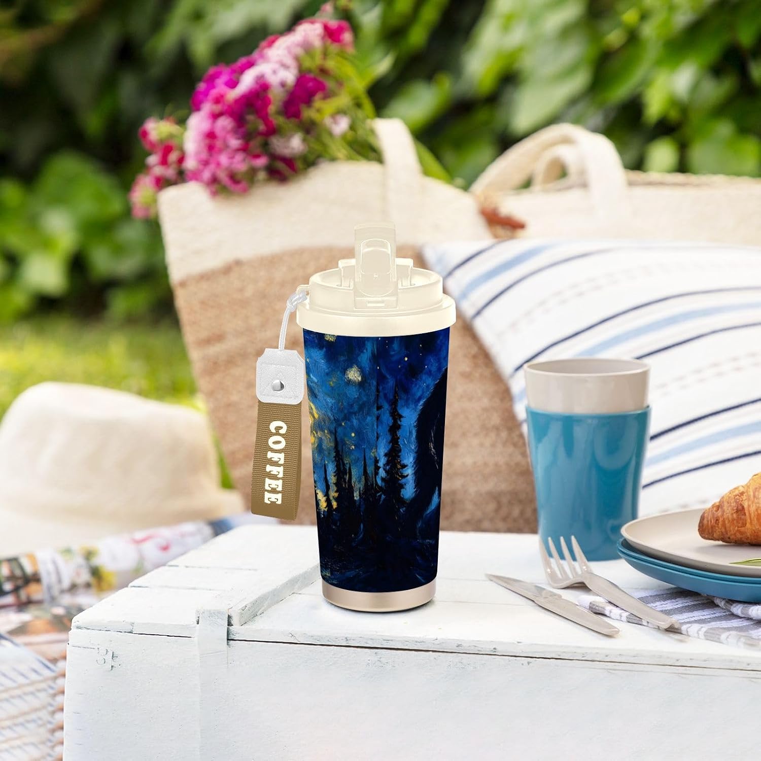 Starry Night Sasquatch Insulated Coffee Mug with Straw & Flip Lid, 16.9oz Iced Tumbler Cup, Double Wall Vacuum Mug for Travel Office