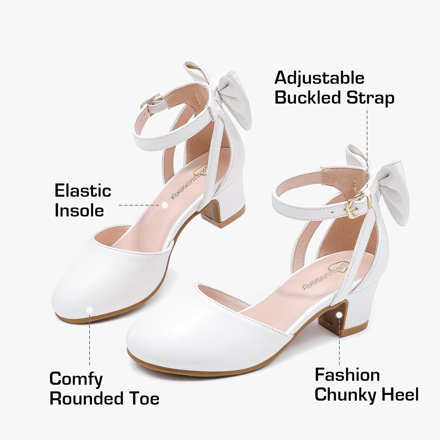 Girls Heels Dress Shoes Flower Girl Pumps with Cute Bow Closed Toe High Heels Adjustable Buckles Wedding Party - Image 5
