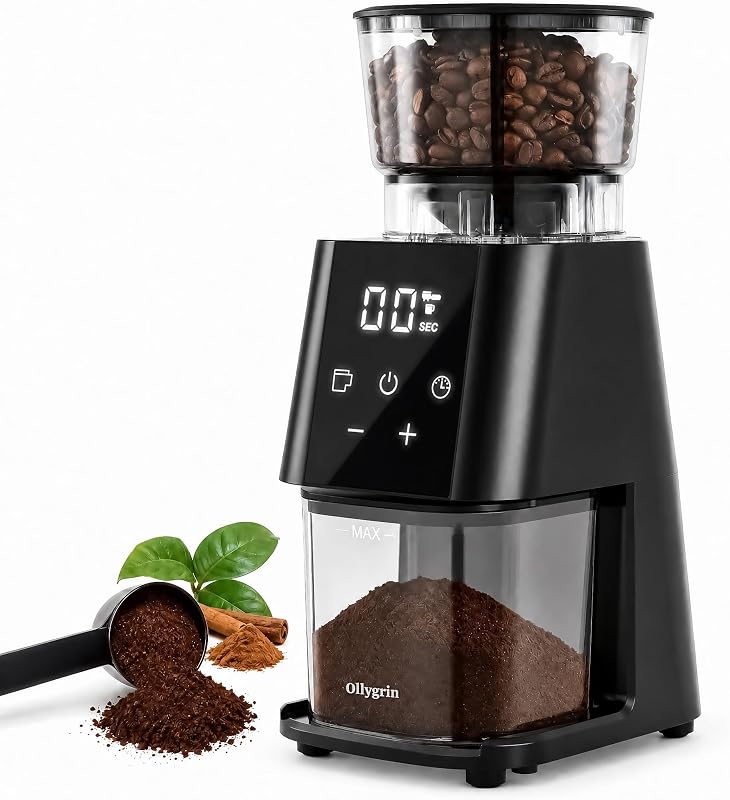 Ollygrin Electric Conical Burr Coffee Grinder, 30 Precise Grind Settings for Espresso, Drip & French Press, Compact Burr Mill with Touchscreen Control, Anti-Static & Easy Cleaning, Black