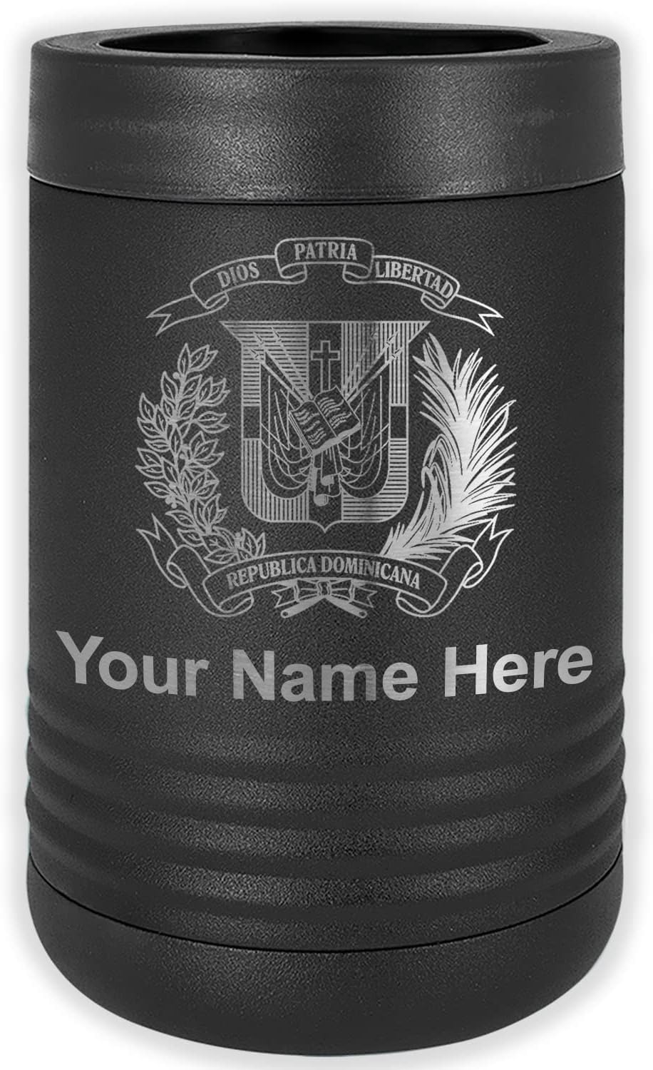 LaserGram Personalized 12 oz. Stainless Steel Can & Bottle Insulator, Coat of Arms Dominican Republic – Keeps Drinks Cold Longer (Navy Blue)