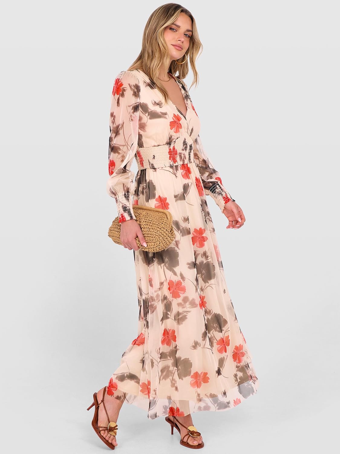 ANRABESS Women's Floral Maxi Dress 2025 Fall V Neck Puff Long Sleeve Flowy Casual Wedding Guest Tea Party Tulle Dresses - Image 5