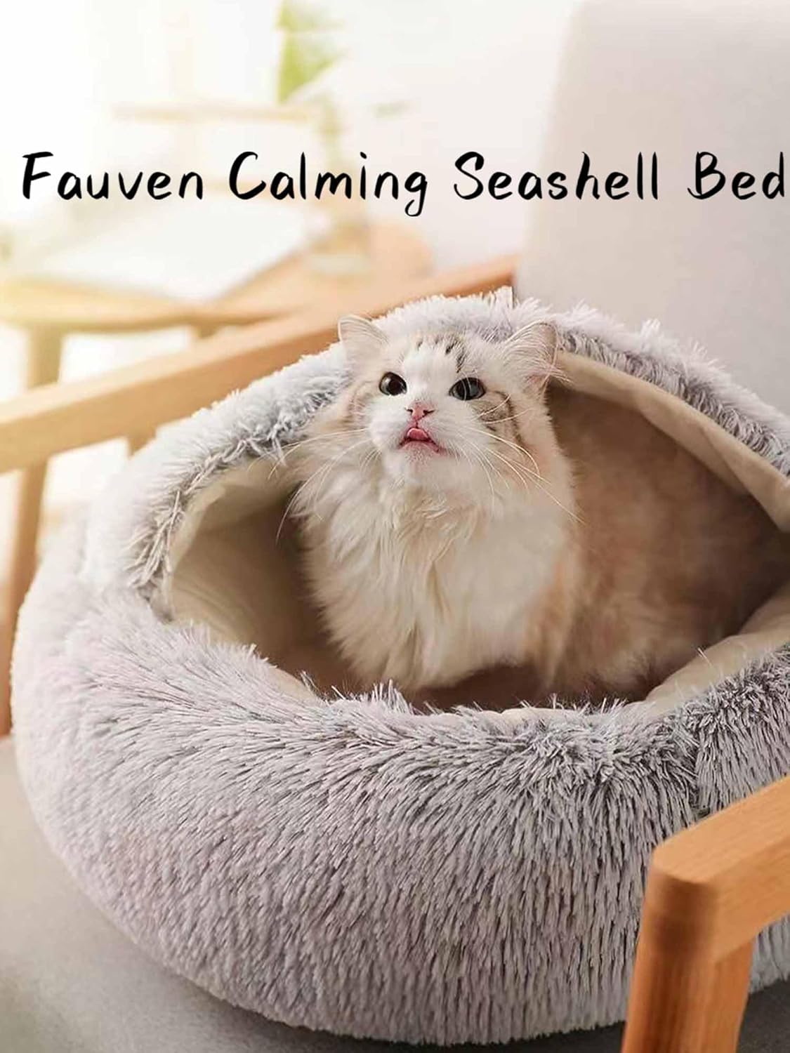 Fauven Calming Seashell Bed, Soft Cat Nest Bed, Lapcatz Nest Bed, Thickened and Warm Anti-Slip & Washable Fluffy Cat Bed for Small and Medium Dogs Cats (Coffee, 50cm)