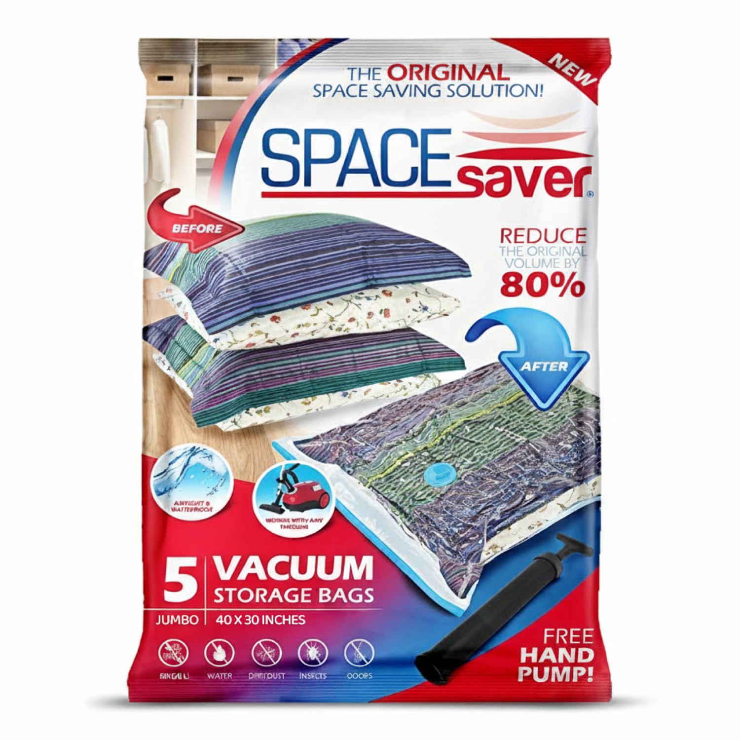 5 Pack Jumbo Vacuum Storage Bags for Comforters, Blankets & Clothes – Jumbo Vacuum Sealed Compression Bags with Hand Pump – Space Saver Storage Bags
