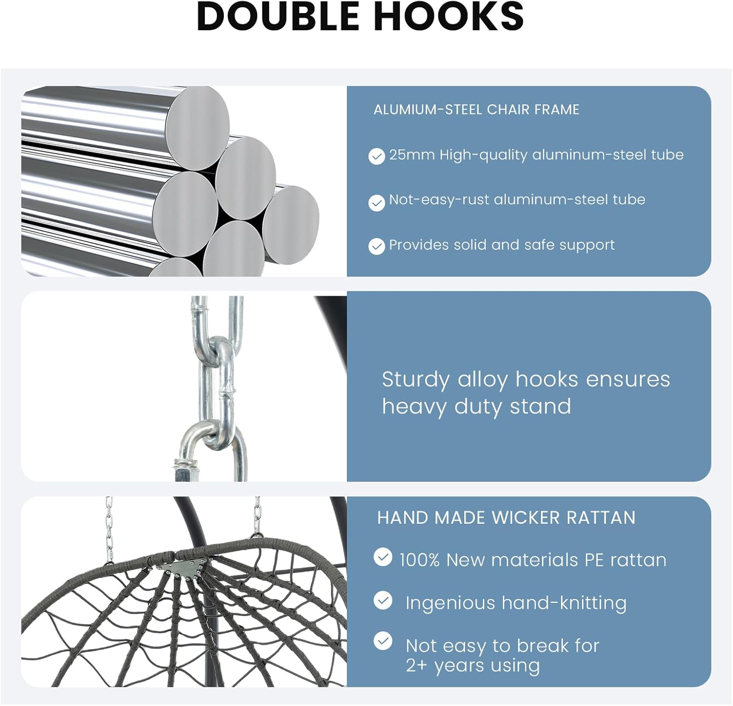 Hanging Double Egg Chair with Stand, 2 Person Comfy Patio Rattan Wicker Swing Hammock Chairs with Cushion, 700 LBS Capacity Egg Swing Chair for Indoor, Outdoor, Backyard, Balcony, Bedroom, Porch