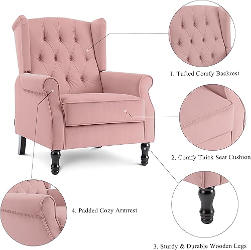 Miniatura 5 de Artechworks Silla decorativa moderna de tela alada, silla de club con brazos copetudos, sofá individual de lino con patas de madera, cómoda tapizada