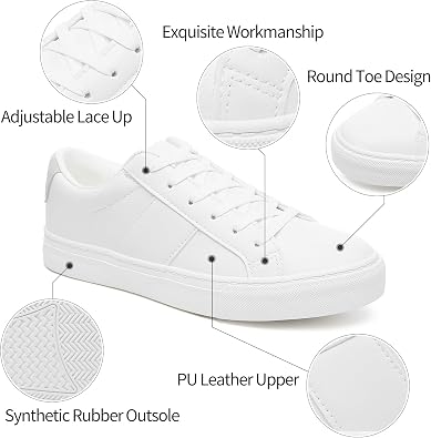 Adokoo Women's Fashion Sneakers PU Leather Casual Shoes White Tennis Low Top Shoes Womens Lace Up Sneakers