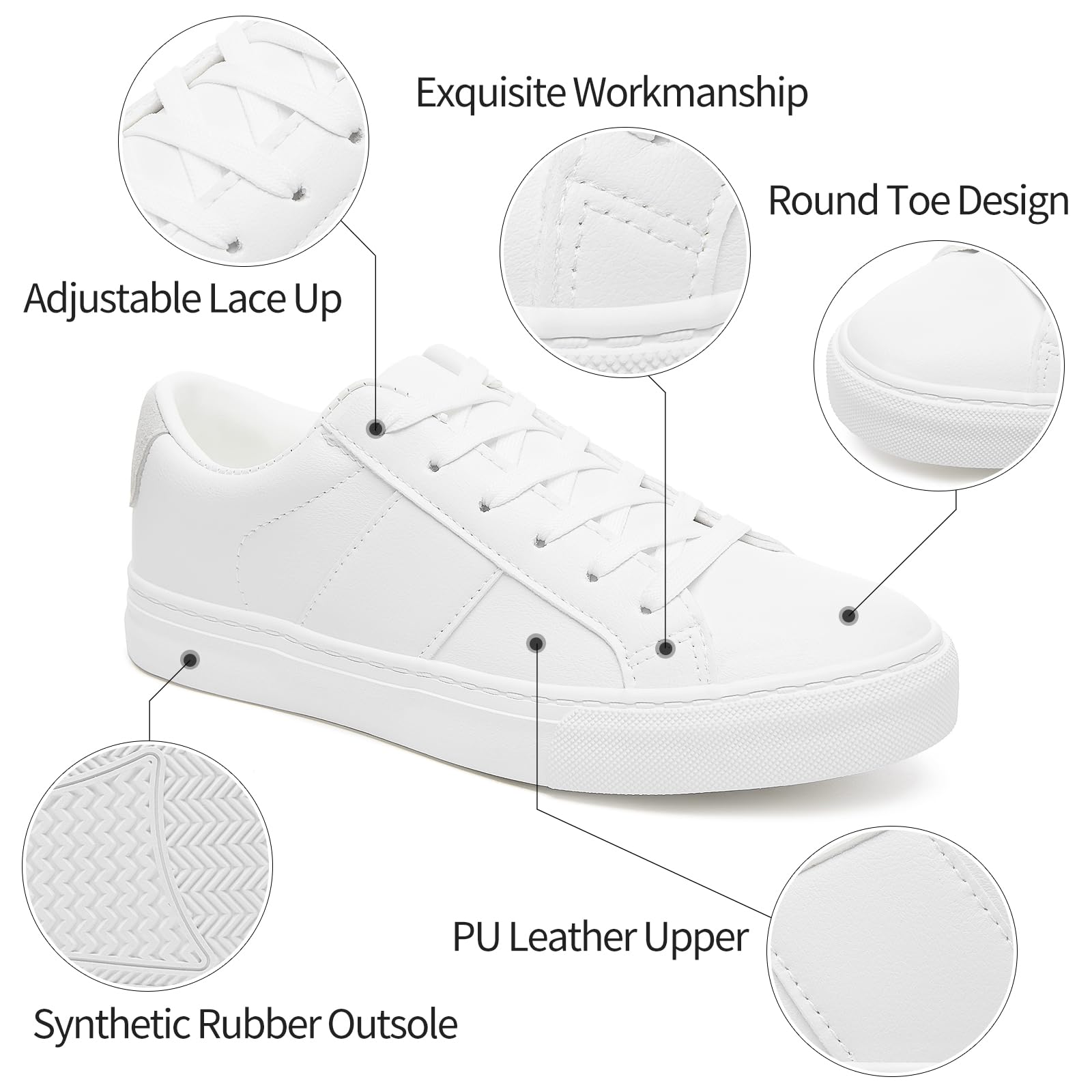 Adokoo Women's Fashion Sneakers PU Leather Casual Shoes White Tennis Low Top Shoes Womens Lace Up Sneakers