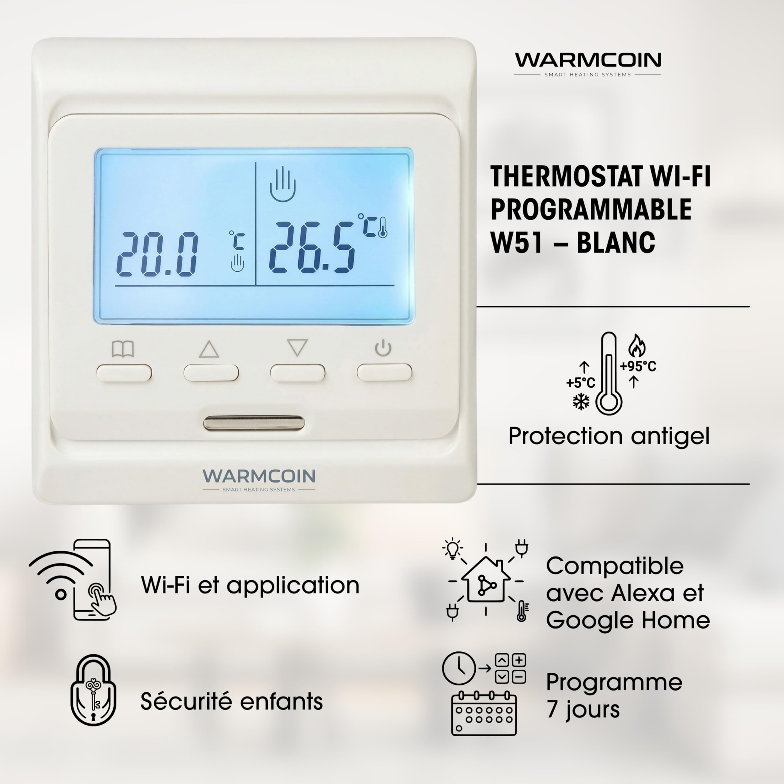 Kit Complet de Chauffage au Sol Électrique 160 W/m² – Trame Chauffante Autocollante 5,0 m² (0,5x10m) – Pour Carrelage, Stratifié et Parquet – Thermostat WiFi W51 Blanc Inclus