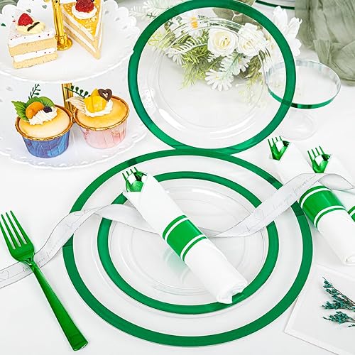 Miniatura 2 de I00000 Juego de 350 platos de plástico verde transparente para decoración de primavera del día de San Patricio, incluye 100 platos de cena y postre,