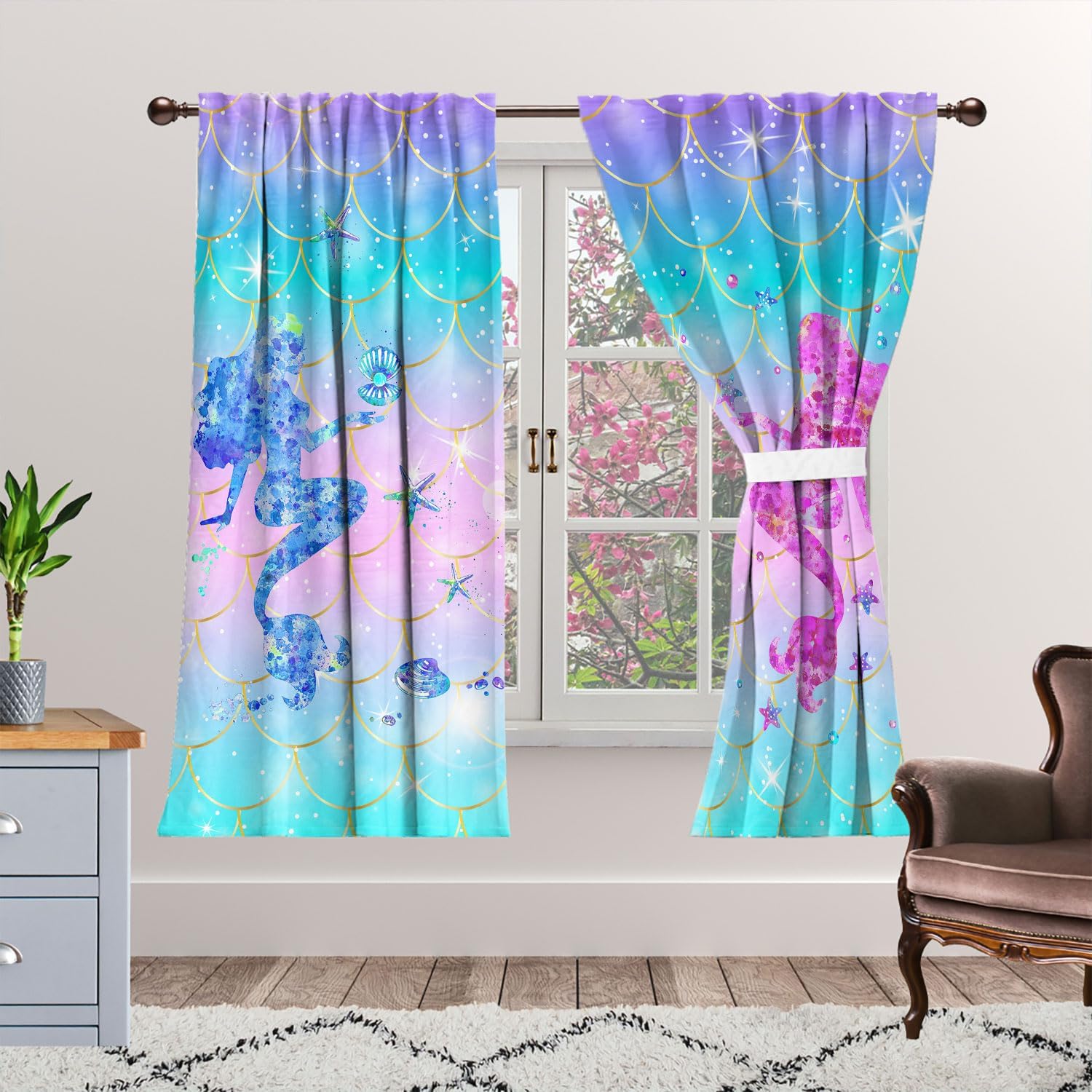 Mermaid Scales Blackout Curtains for Kid Girls Boys Bedroom, Magical Ombre Mermaid Fish Scale Rod Pocket Window Drapes for Bedroom Living Room, W42 x L45 Inch