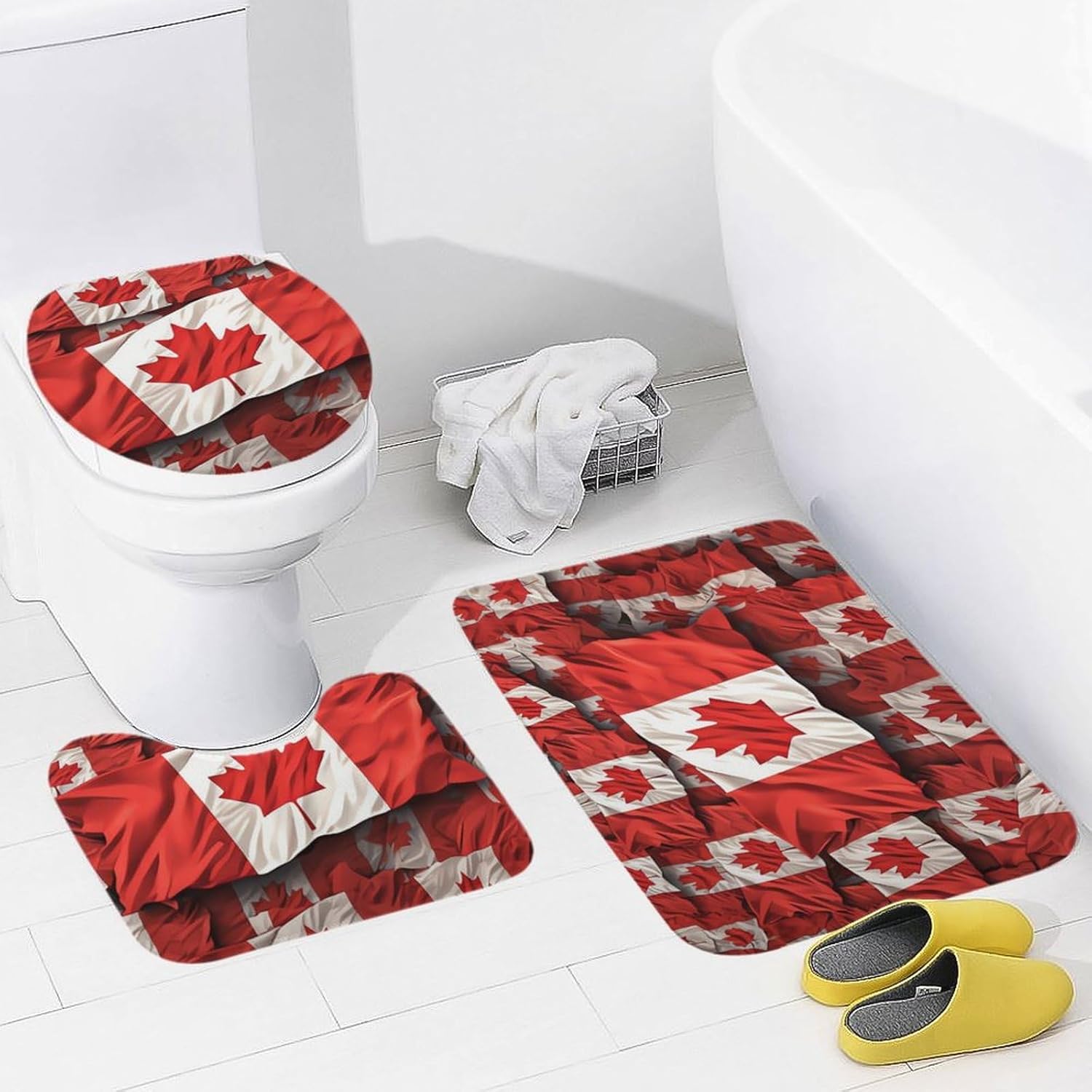 Anti-Skid Floor Mats 3 Piece Set,Canadian Flag Printed Coral Fleece Bathroom Mats U-Shaped Contour Mat Toilet Seat Cover for Bathroom, Tub, Shower, Kitchen 19.7"x31.5"