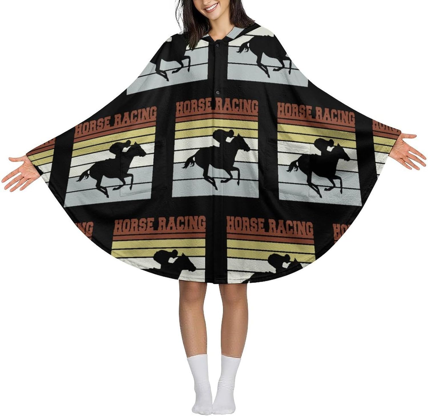 Vintage Horse Racing Team Wearable Blanket with Hooded Flannel Blankets Cape with Pocket