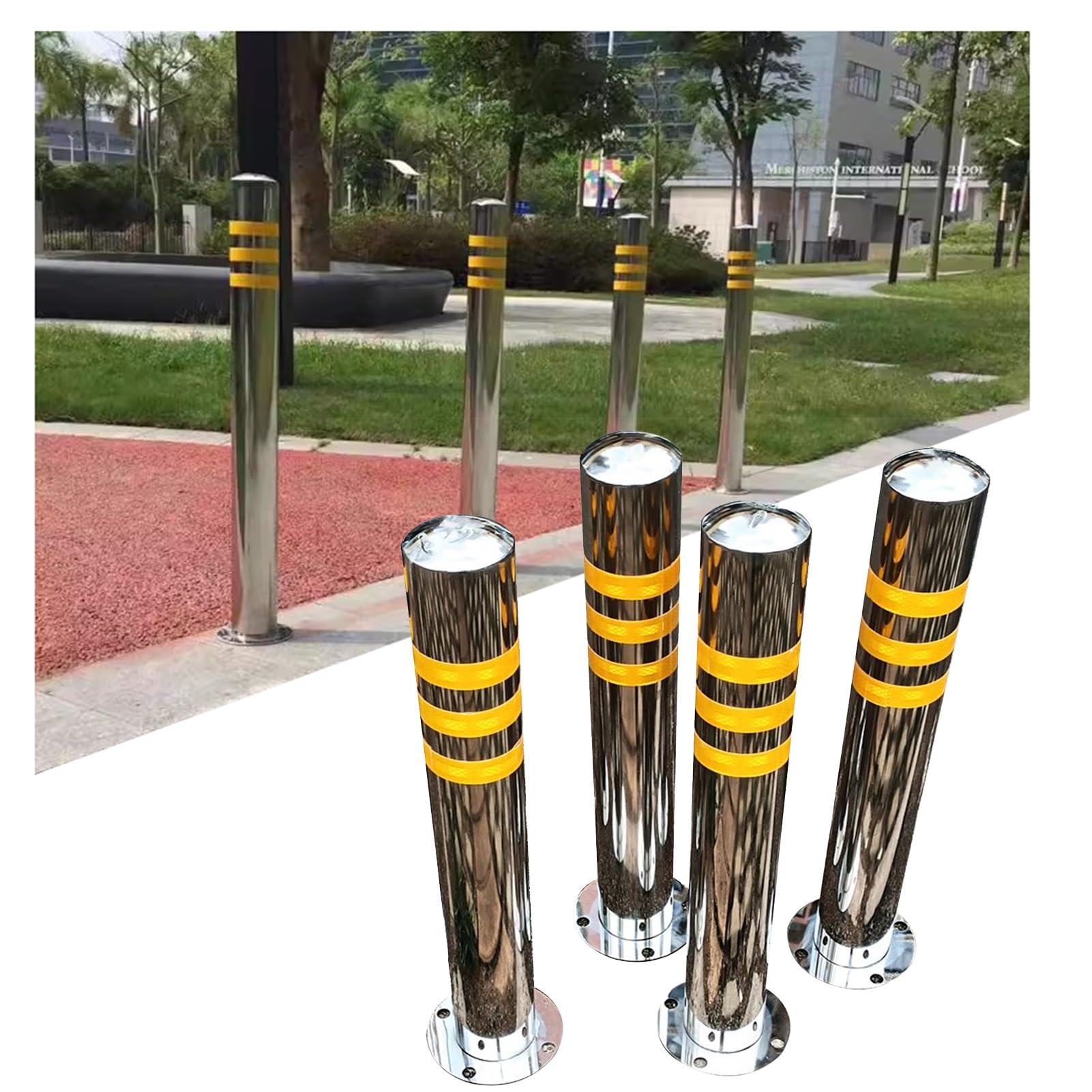 GDMDPTE Stainless Steel Safety Bollard Post with Reflective Strips, Ideal for Traffic-Sensitive Areas, Durable Design for Parking Control