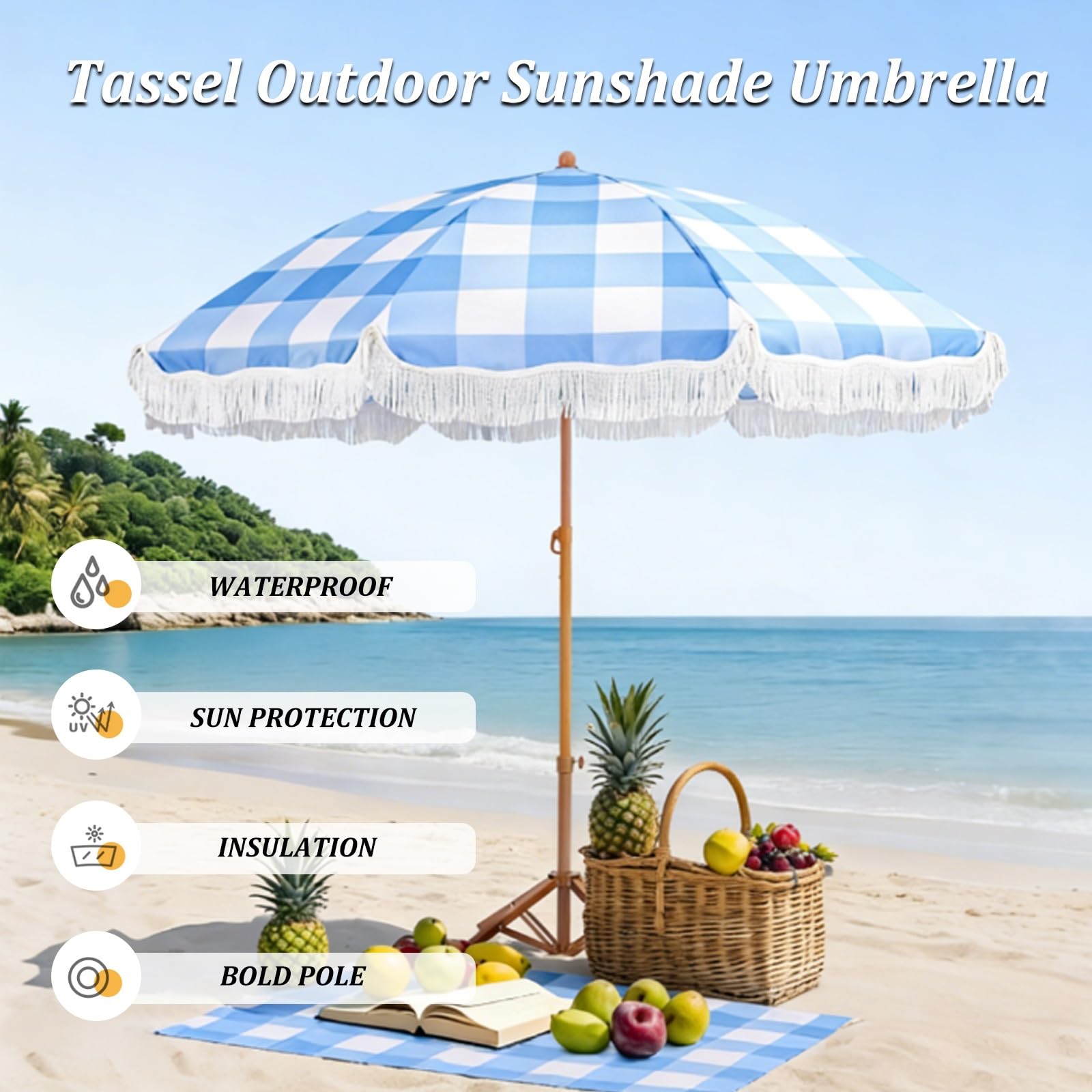 Parasol plażowy 2M Parasol ogrodowy z frędzlami Odporny na promieniowanie UV Parasol stołowy Przenośny na zewnętrzny taras ogrodowy Basen przydomowy(Blue pinstripes)