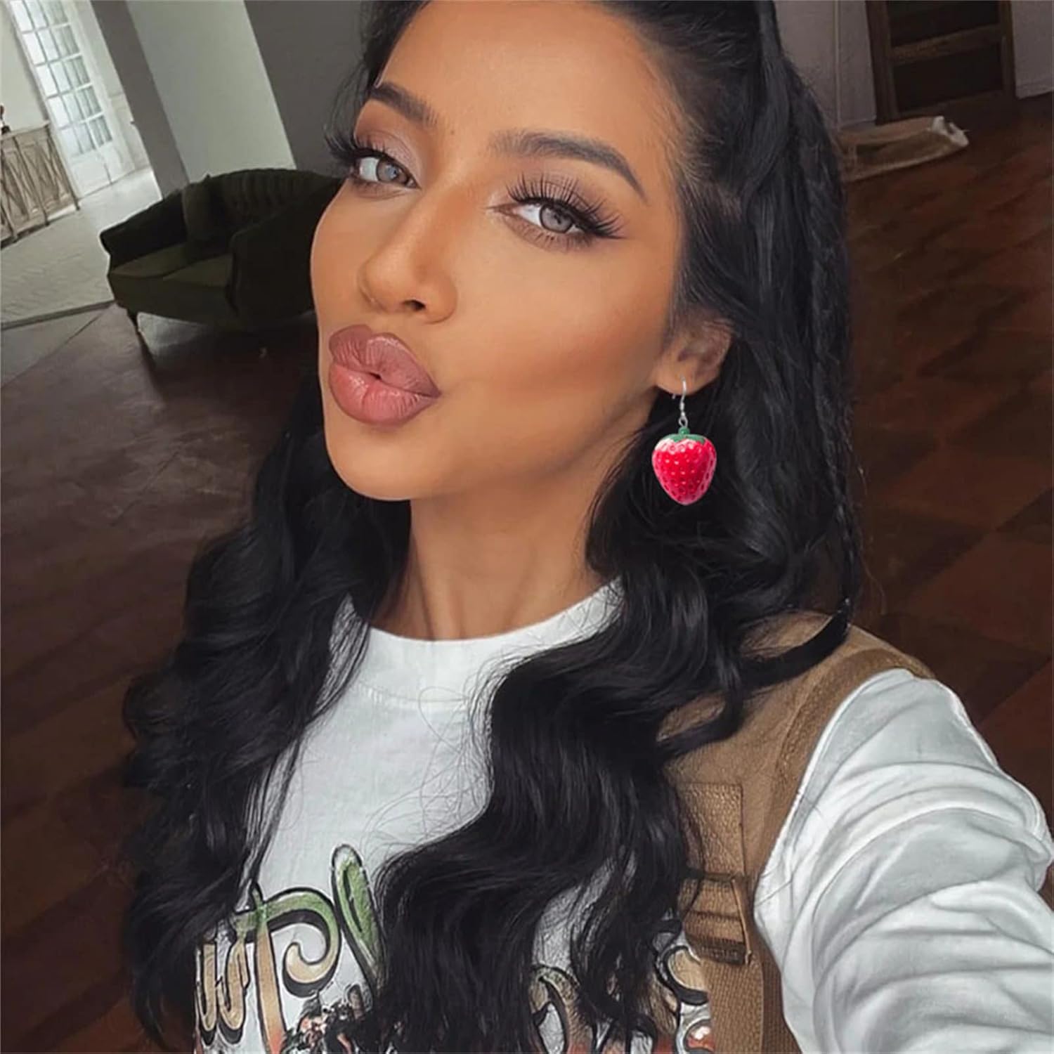 Dreuyet 3D Simulated Fruit Red Strawberry Necklace Earring Set for Women Sweet Fruit Charm Earrings Necklace Cute Food Fruit Strawberry Dangle Earrings - Image 4