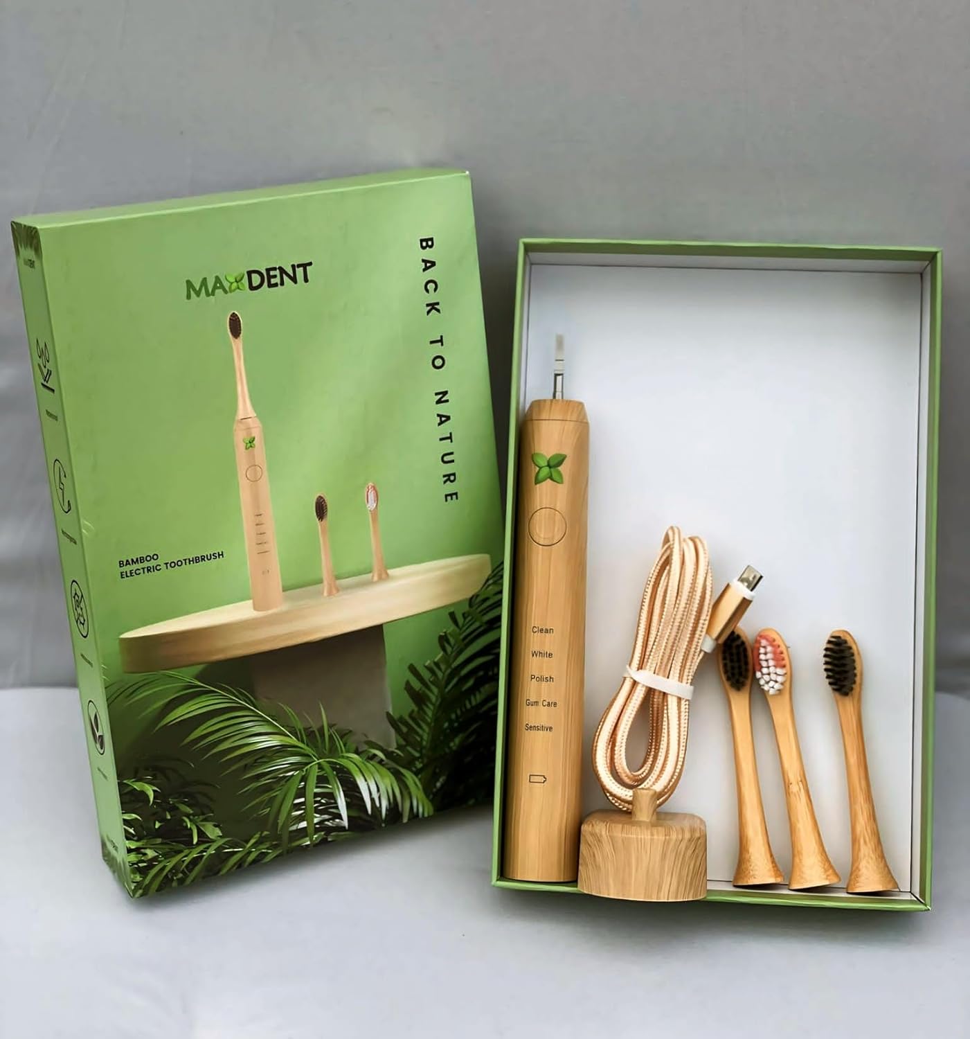 Rechargeable Bamboo Electric Toothbrush, Soft Green Toothbrush, Adult Oral Care, 3 Replacement brushheads Rechargeable Bamboo Electric Toothbrush, Soft Green Toothbrush, Adult Oral Care, 3 Replacement brushheads