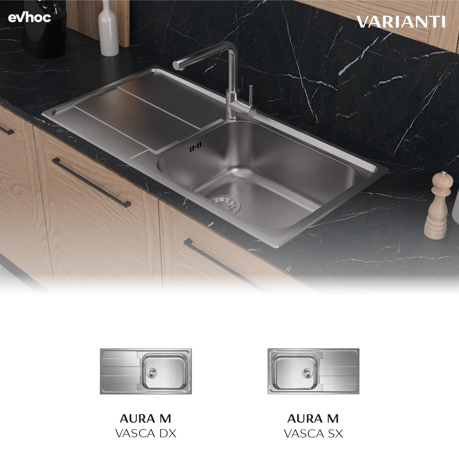 EVHOC Lavello Sopratop 100x50 cm, 1 Vasca Sinistra con Gocciolatoio, AURA M | Lavandino in Acciaio Inox con Finitura Satinata, Made in Italy, Piletta e Sifoni Inclusi